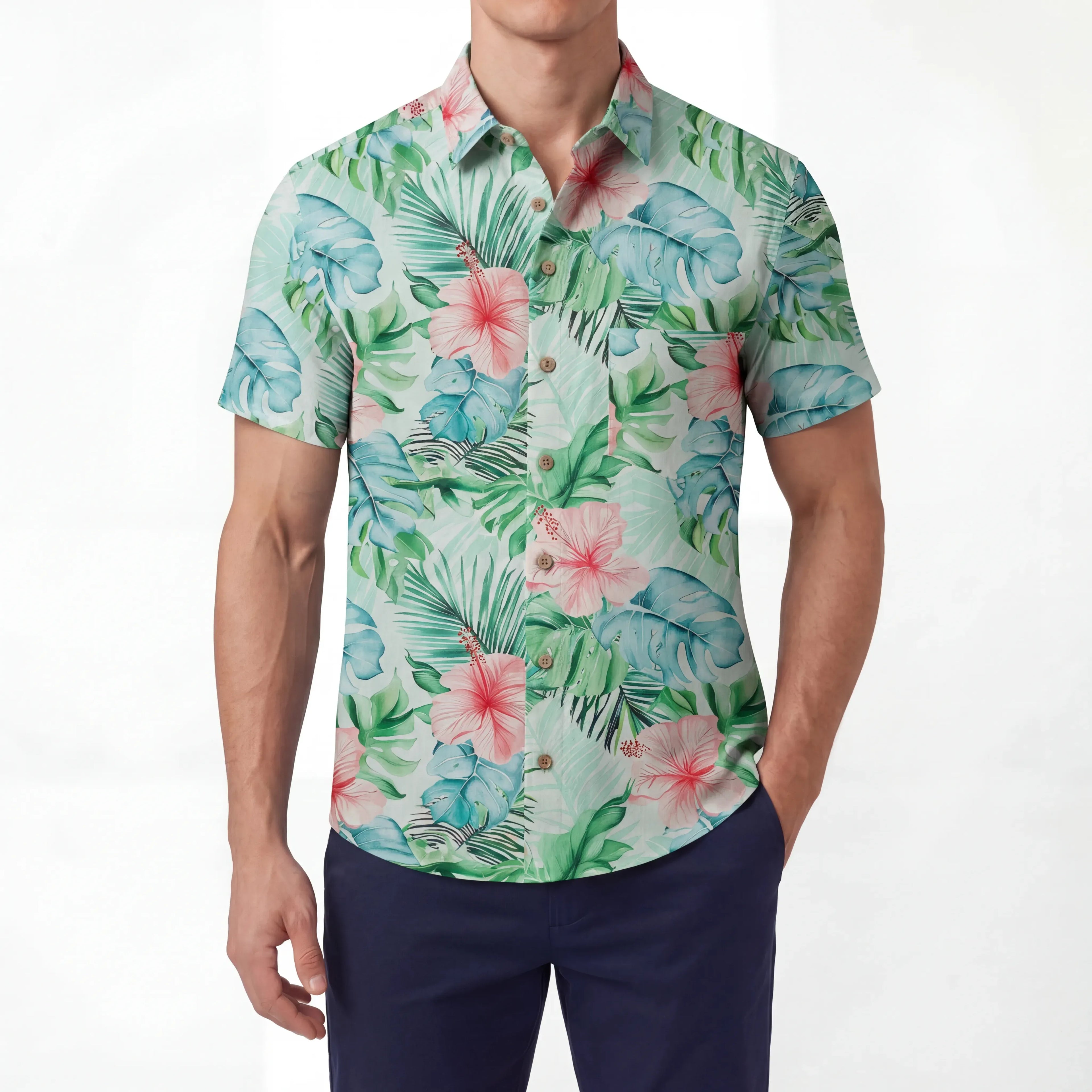 LeosWare® Men's Hawaiian Shirt Short Sleeve Button-up 100% Cotton Green Aloha Powdered Hibiscus Grove