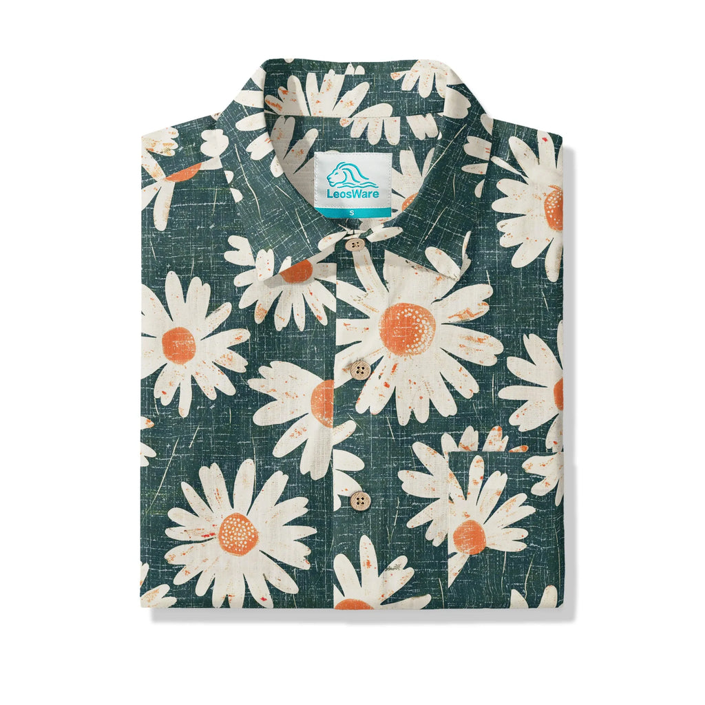 LeosWare® Men's Hawaiian Shirt Short Sleeve Button-up 100% Cotton Green Aloha Daisy Bottom