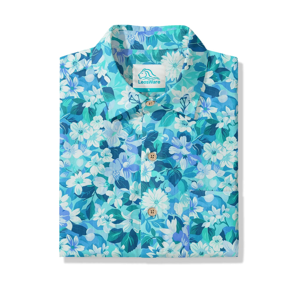 LeosWare® Flower Men's Hawaiian Shirt Short Sleeve Button-up 100% Cotton Blue Aloha Blue Oasis