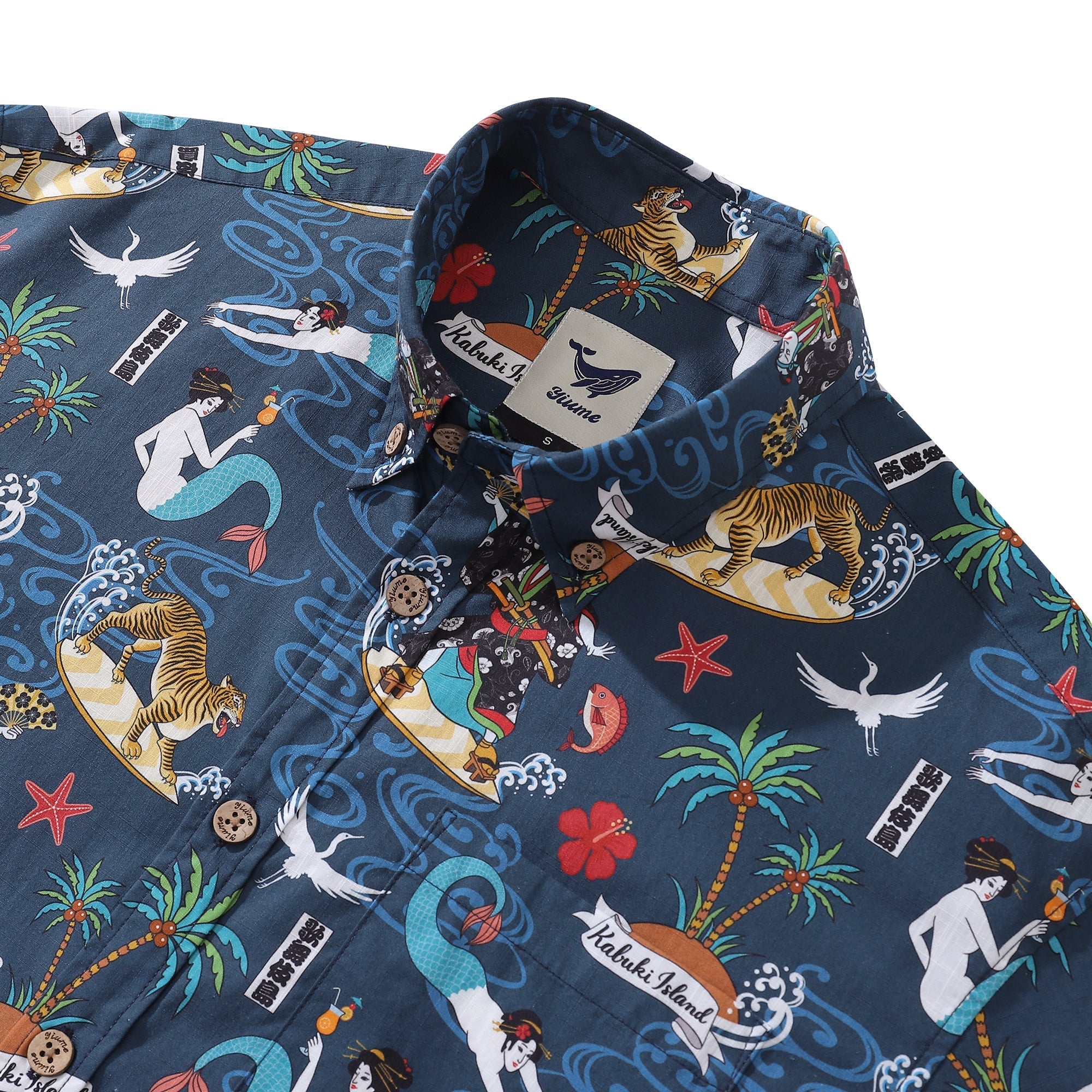 Men's Hawaiian Shirt Aloha Kabuki Print BY Julia Madoka Cotton Button-down Short Sleeve Aloha Shirt