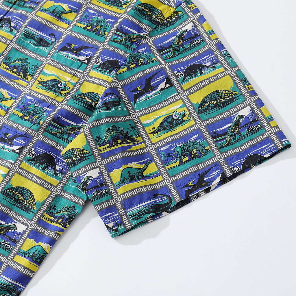 Hawaiian Shirts for Men Retro Dinosaur Stamp Collection 100% Cotton Short-Sleeve