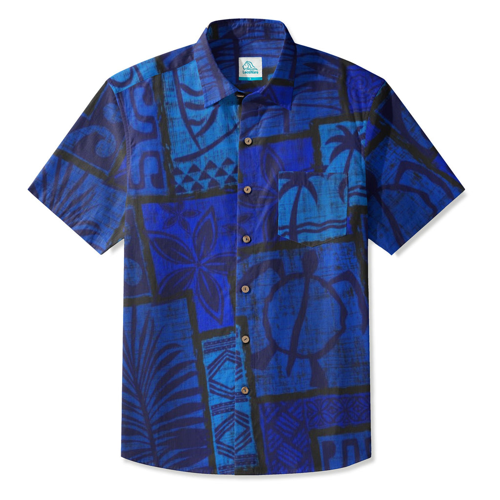 LeosWare® Men's Hawaiian Shirt Short Sleeve Button-up Breathable & Quick-Dry Aloha Tiki Mood(Midnight Blue)