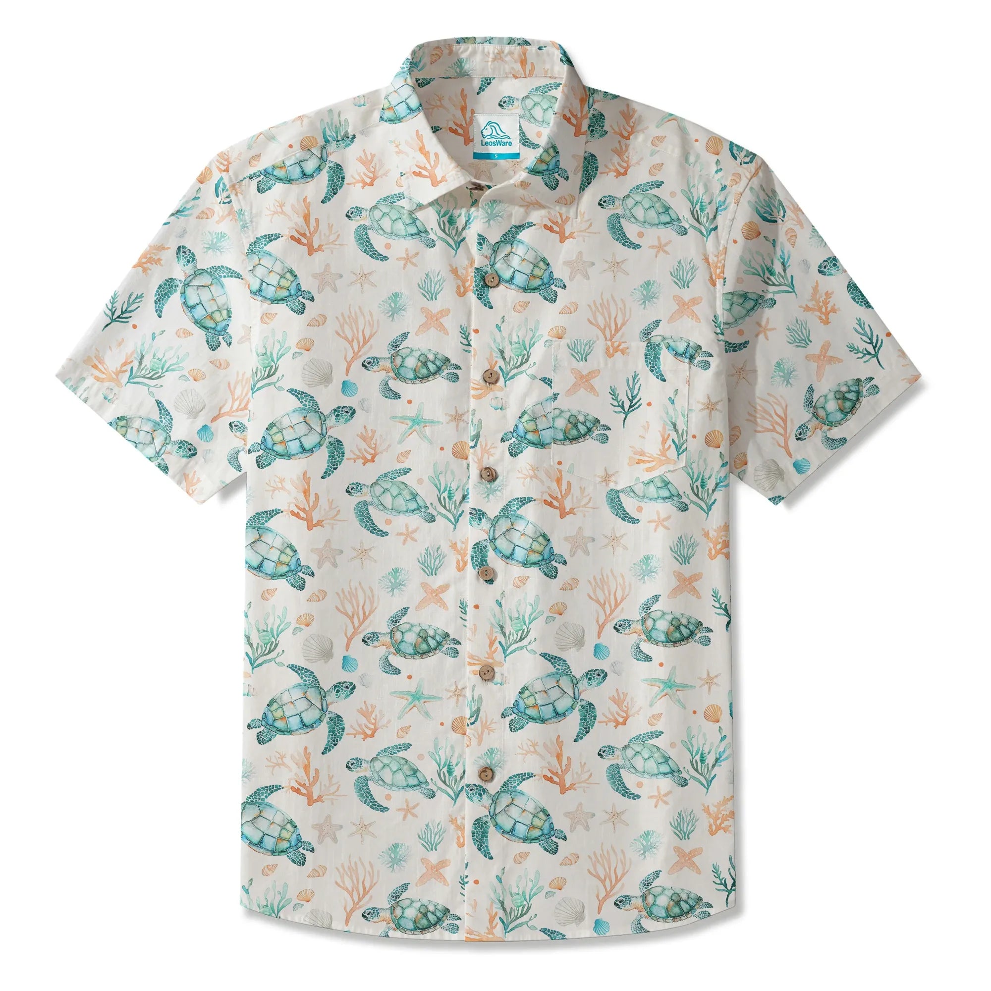 LeosWare® Men's Hawaiian Shirt Short Sleeve Button-up 100% Cotton Blue Aloha Coral Wonderland Of The Sea Turtle