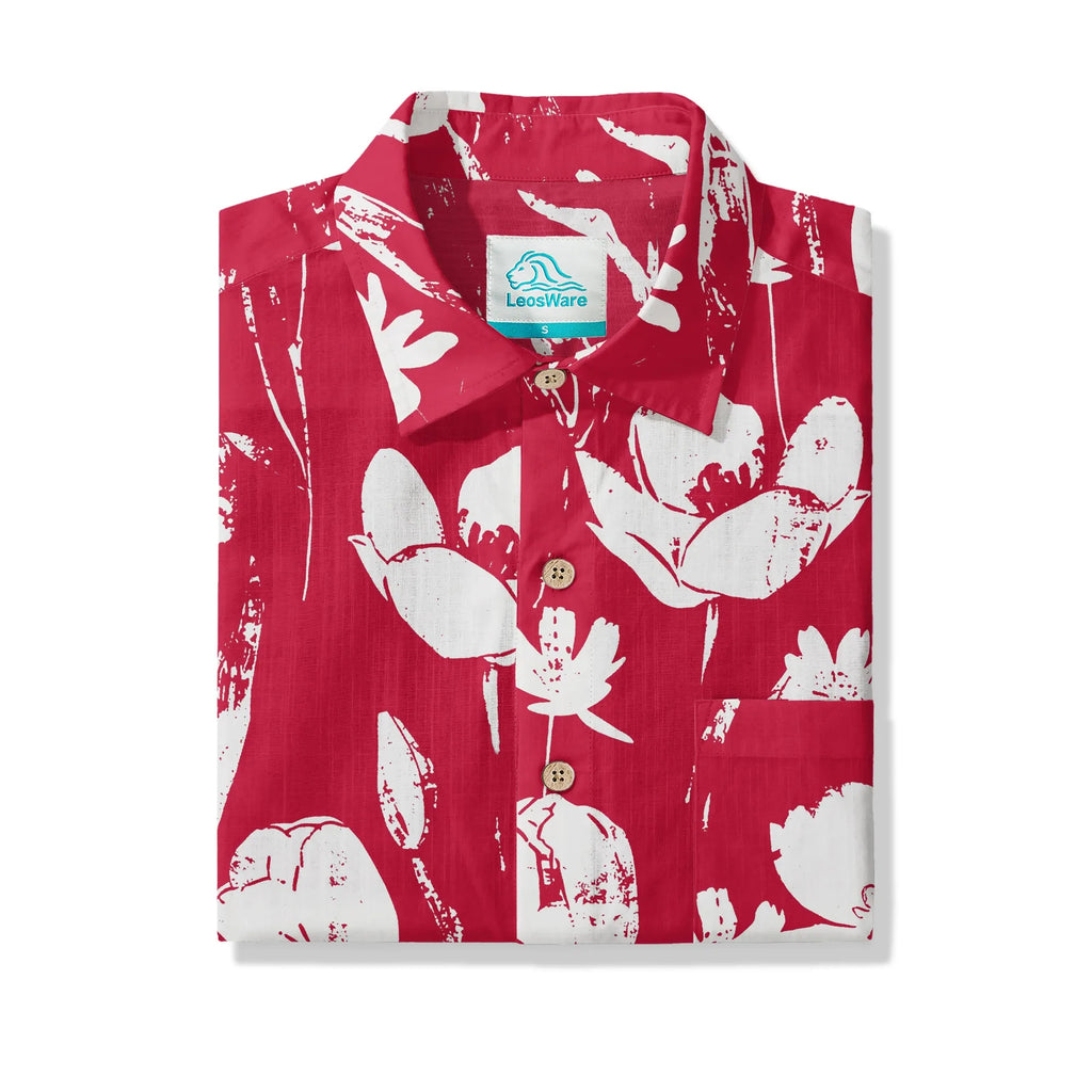LeosWare® Flower Men's Hawaiian Shirt Short Sleeve Button-up 100% Cotton Red Aloha Red Earth Aroma