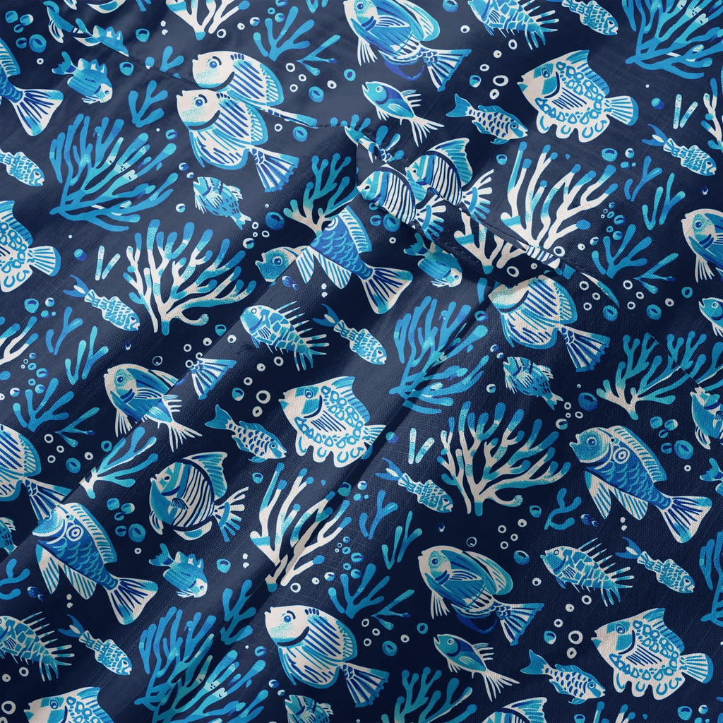 LeosWare® Men's Hawaiian Shirt Short Sleeve Button-up 100% Cotton Blue Coral Aloha Deep Blue Fish Whisper