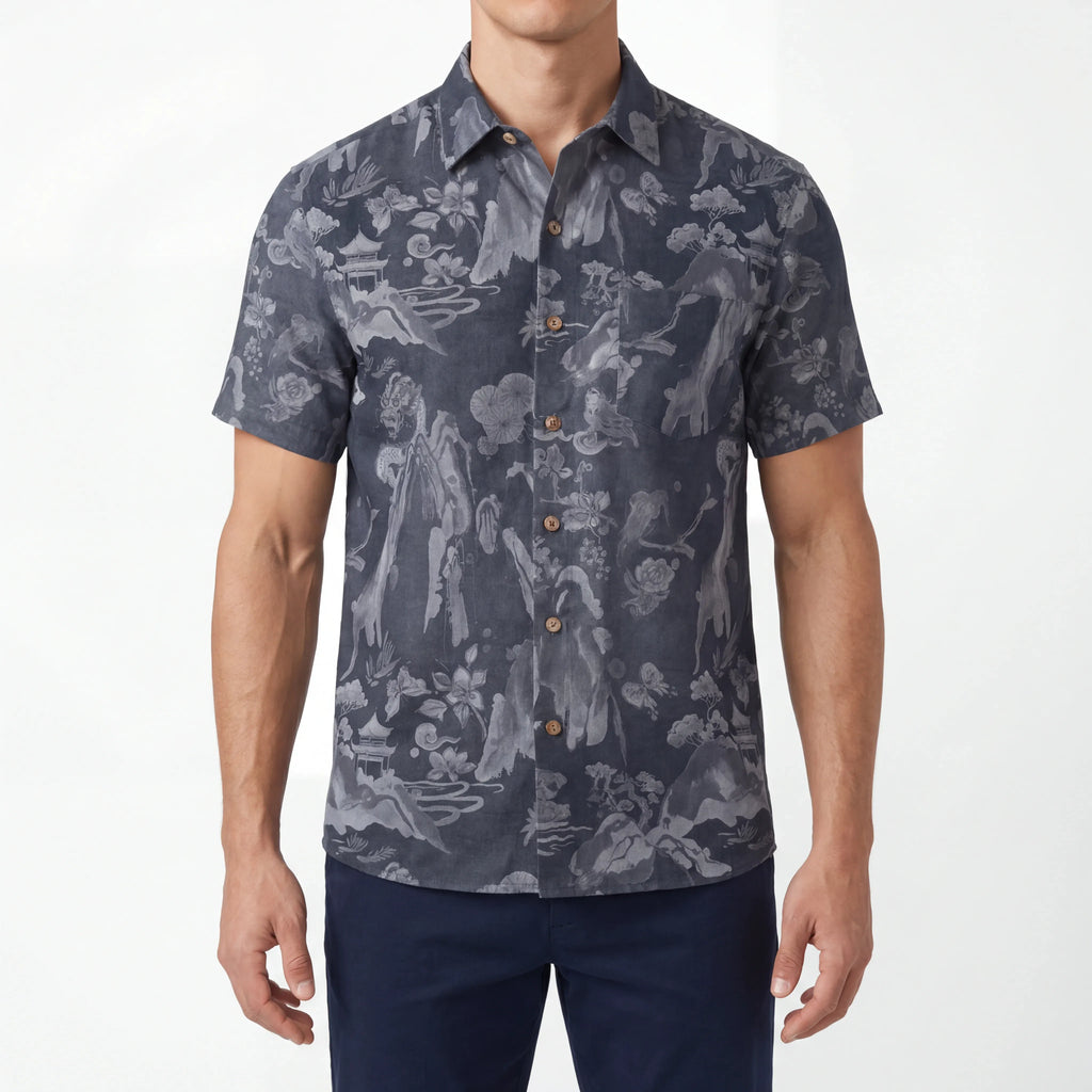 LeosWare® Men's Hawaiian Shirt Short Sleeve Button-up 100% Cotton Gray Aloha Eastern Mountain Ranges And Dragons