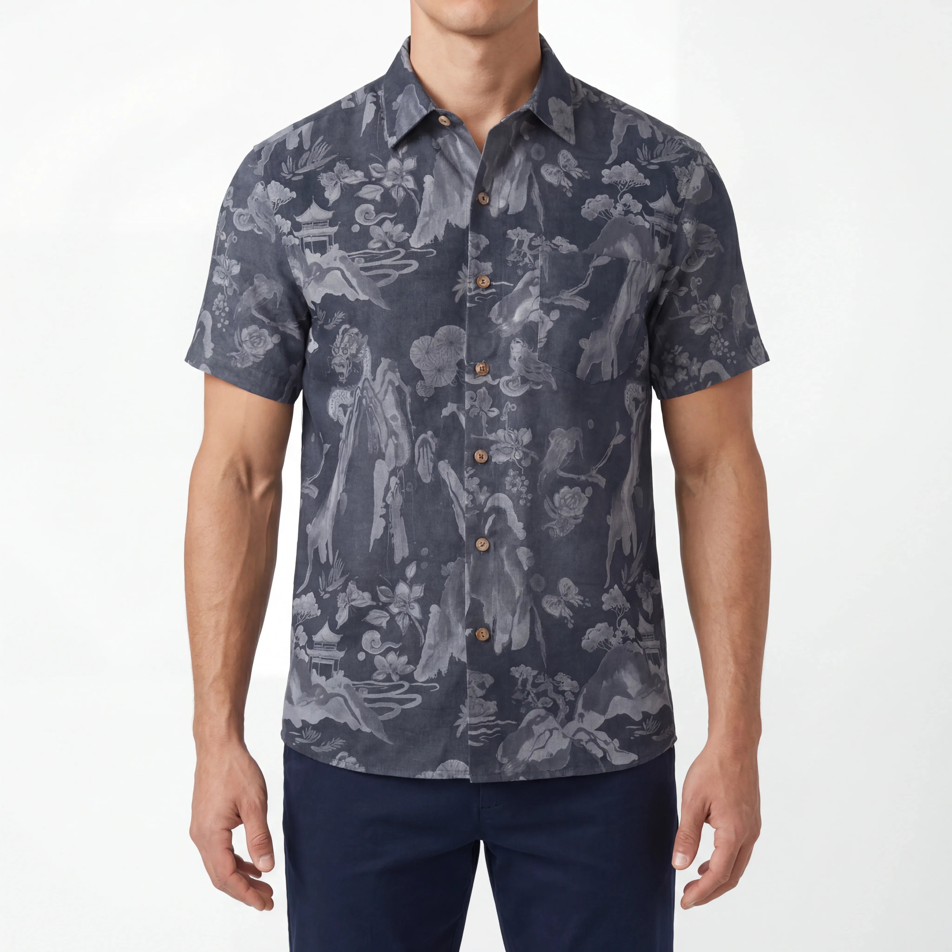 LeosWare® Men's Hawaiian Shirt Short Sleeve Button-up 100% Cotton Gray Aloha Eastern Mountain Ranges And Dragons