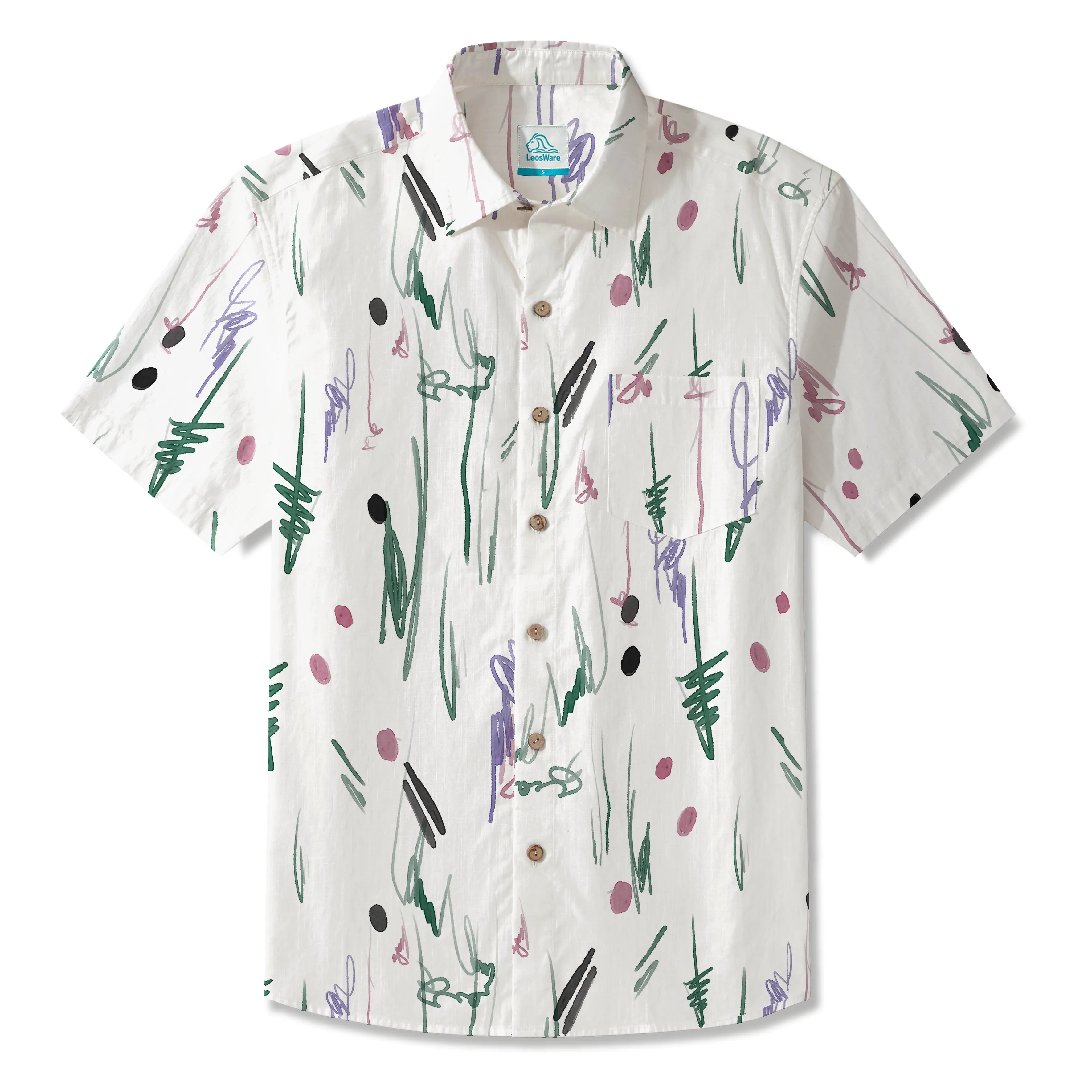 LeosWare® Men's Hawaiian Shirt Short Sleeve Button-up 100% Cotton Green Aloha Whimsical Traces