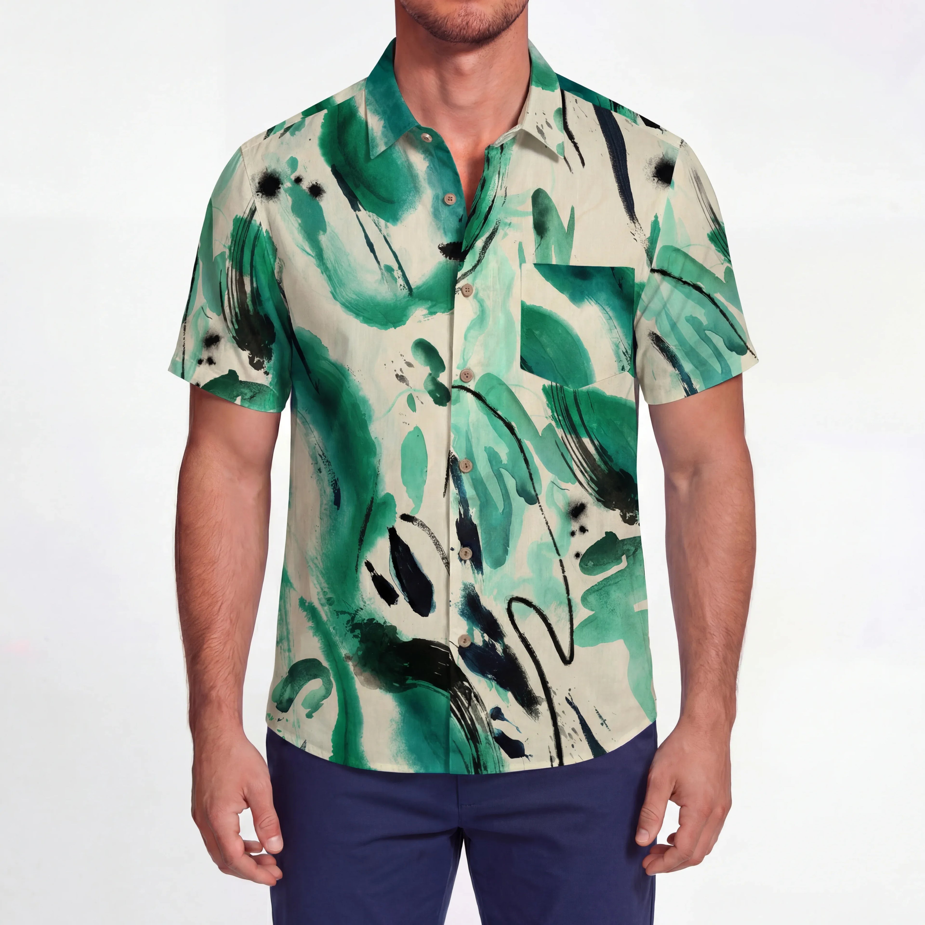 LeosWare® Men's Hawaiian Shirt Short Sleeve Button-up 100% Cotton Green Aloha Abstract Ink Flow