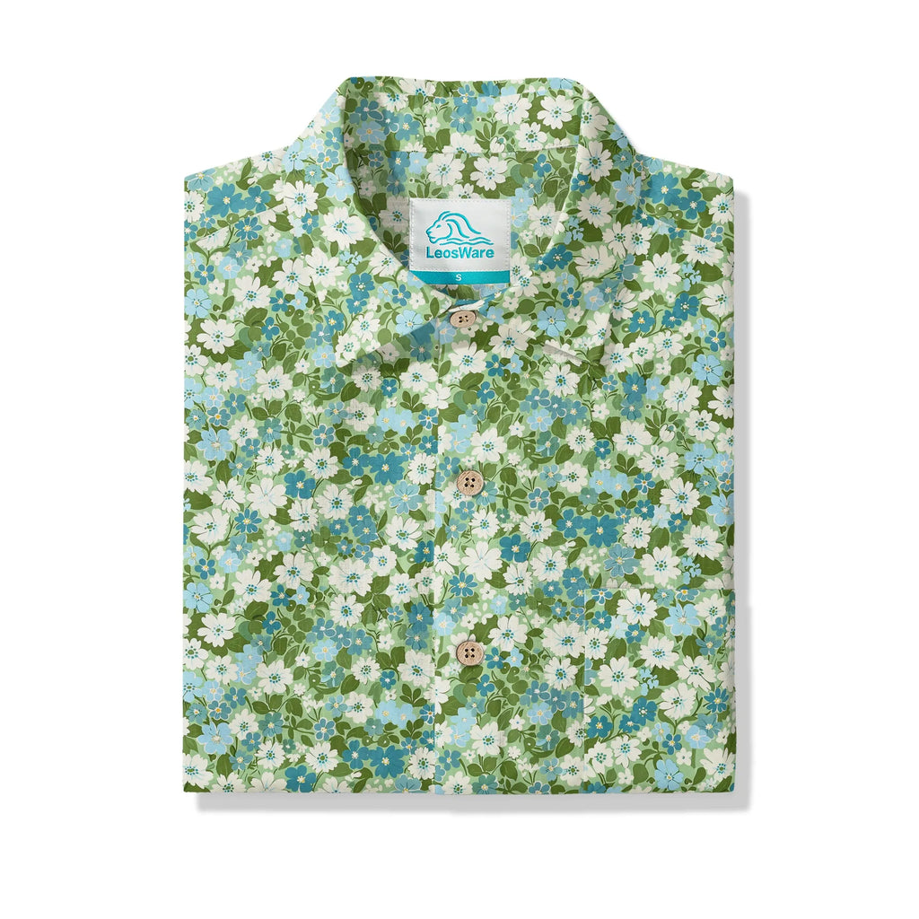 LeosWare® Flower Men's Hawaiian Shirt Short Sleeve Button-up 100% Cotton Green Aloha Fresh Blooms