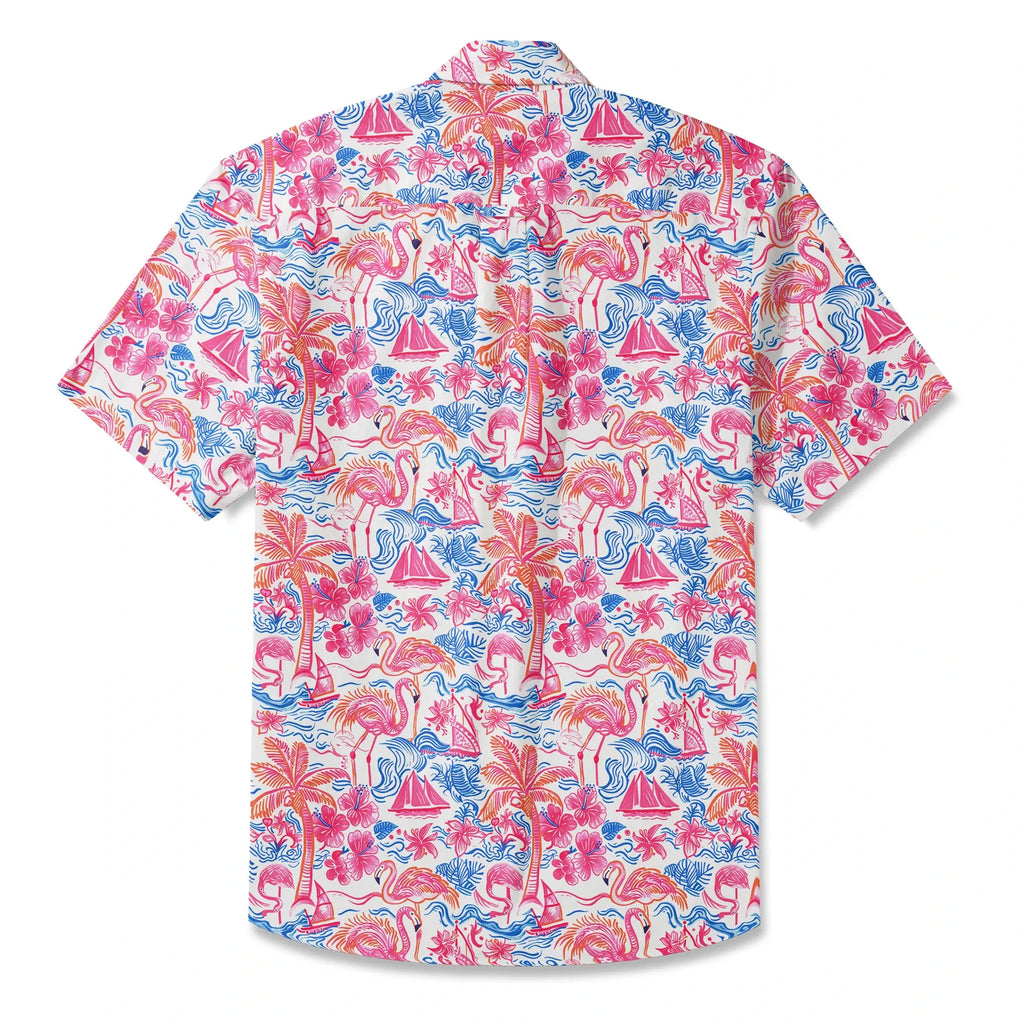 LeosWare® Men's Hawaiian Shirt Short Sleeve Button-up 100% Cotton Aloha Tropical Fire Bay