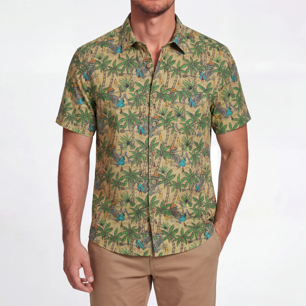 LeosWare® Men's Hawaiian Shirt Short Sleeve Button-up 100% Cotton Green Aloha Skeleton's Coconut Beach Vacation