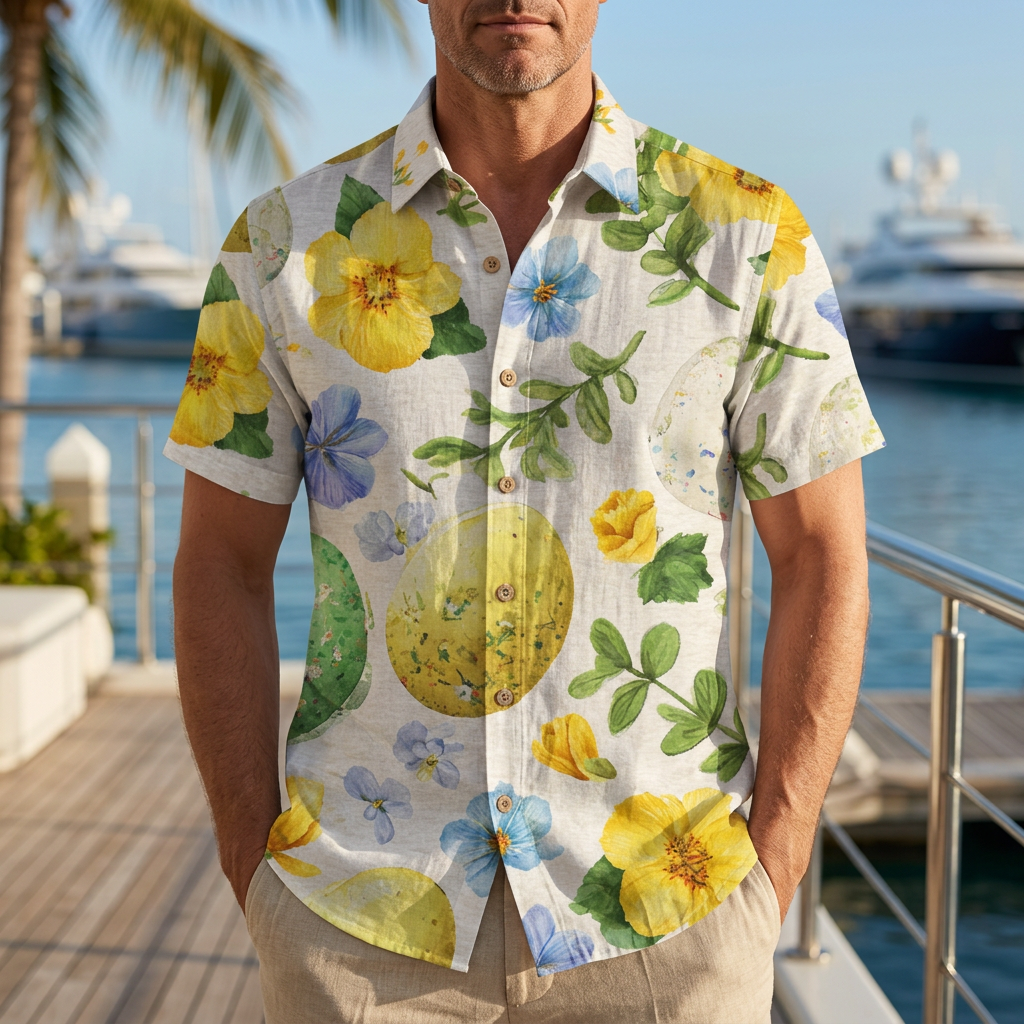 LeosWare® Men's Hawaiian Shirt Short Sleeve Button-up Breathable & Quick-Dry Aloha Eggscellent Garden Art