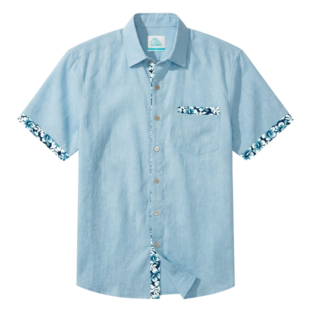 LeosWare® Men's Hawaiian Shirt Short Sleeve Button-up Breathable & Quick-Dry Aloha Floral Accents On Solid Color