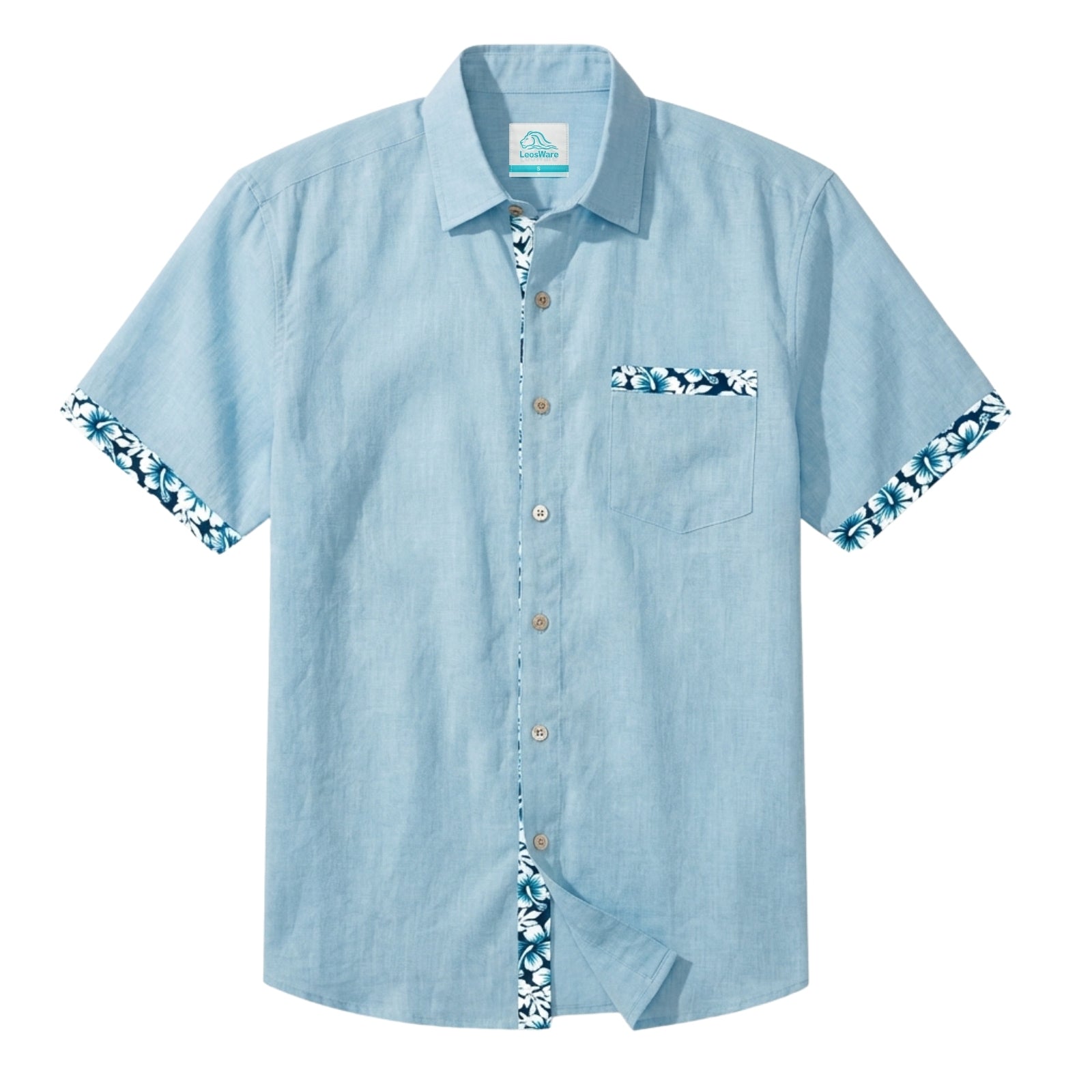 LeosWare® Men's Hawaiian Shirt Short Sleeve Button-up Breathable & Quick-Dry Aloha Floral Accents On Solid Color