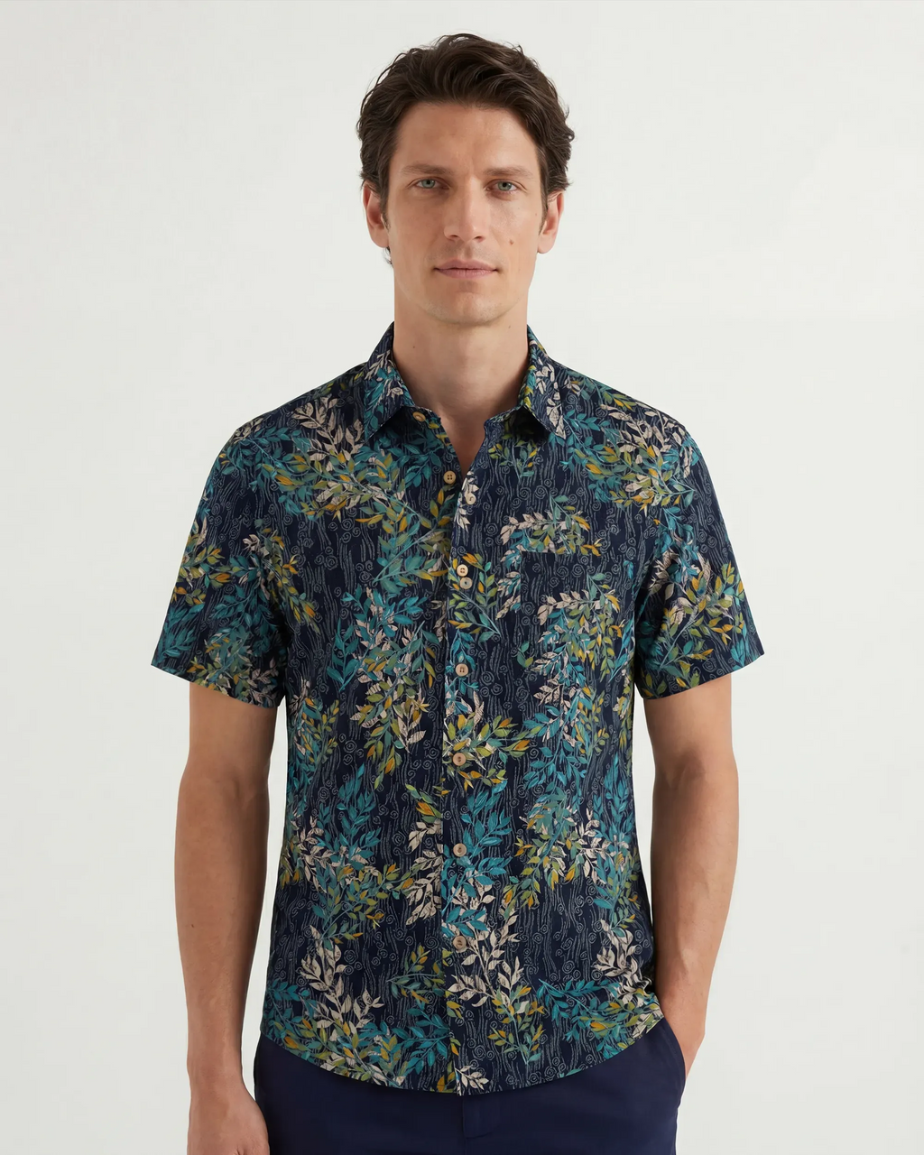 LeosWare® Men's Hawaiian Shirt Short Sleeve Button-up 100% Cotton Green Aloha Nightshade Blue Green Leaf