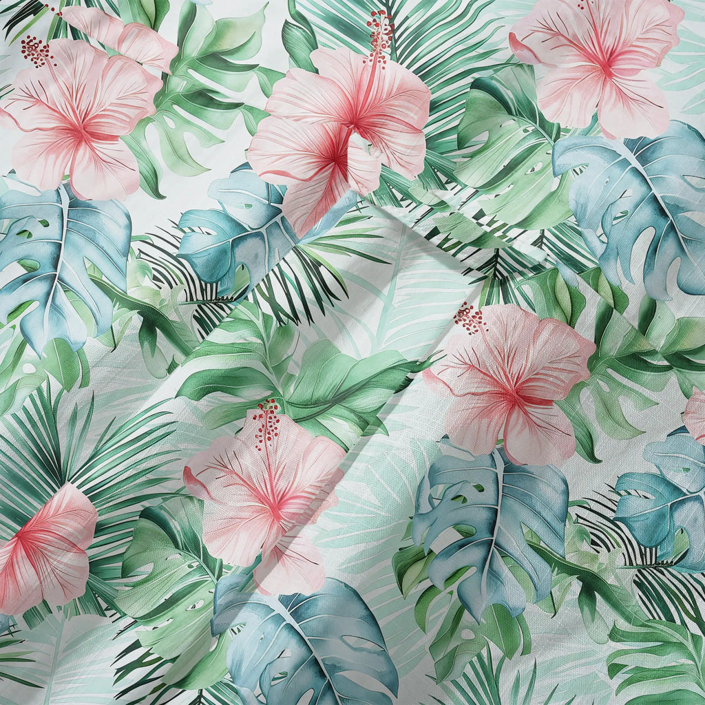 LeosWare® Men's Hawaiian Shirt Short Sleeve Button-up 100% Cotton Green Aloha Powdered Hibiscus Grove