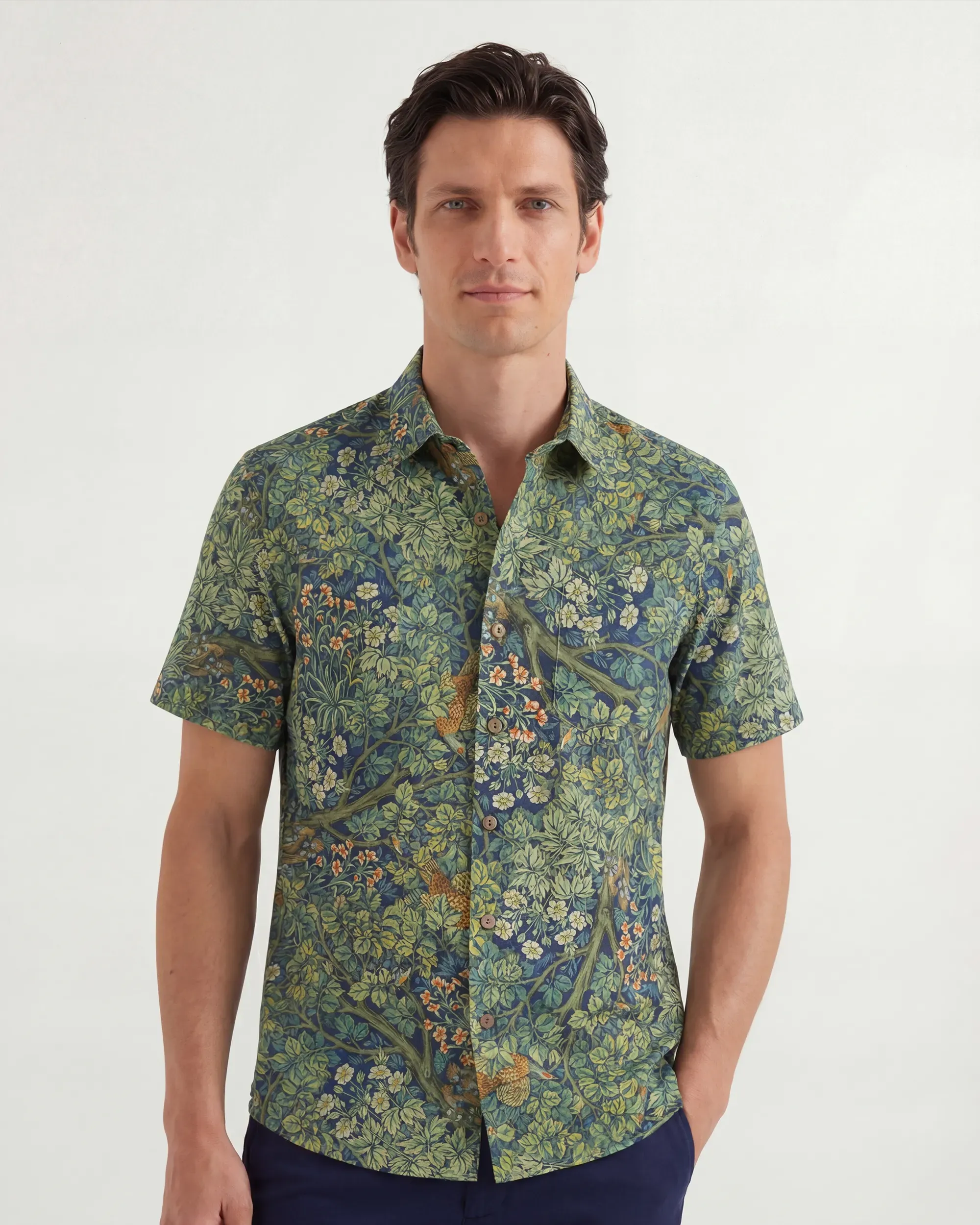 LeosWare® Men's Hawaiian Shirt Short Sleeve Button-up 100% Cotton Green Aloha Jungle Wonderland Art