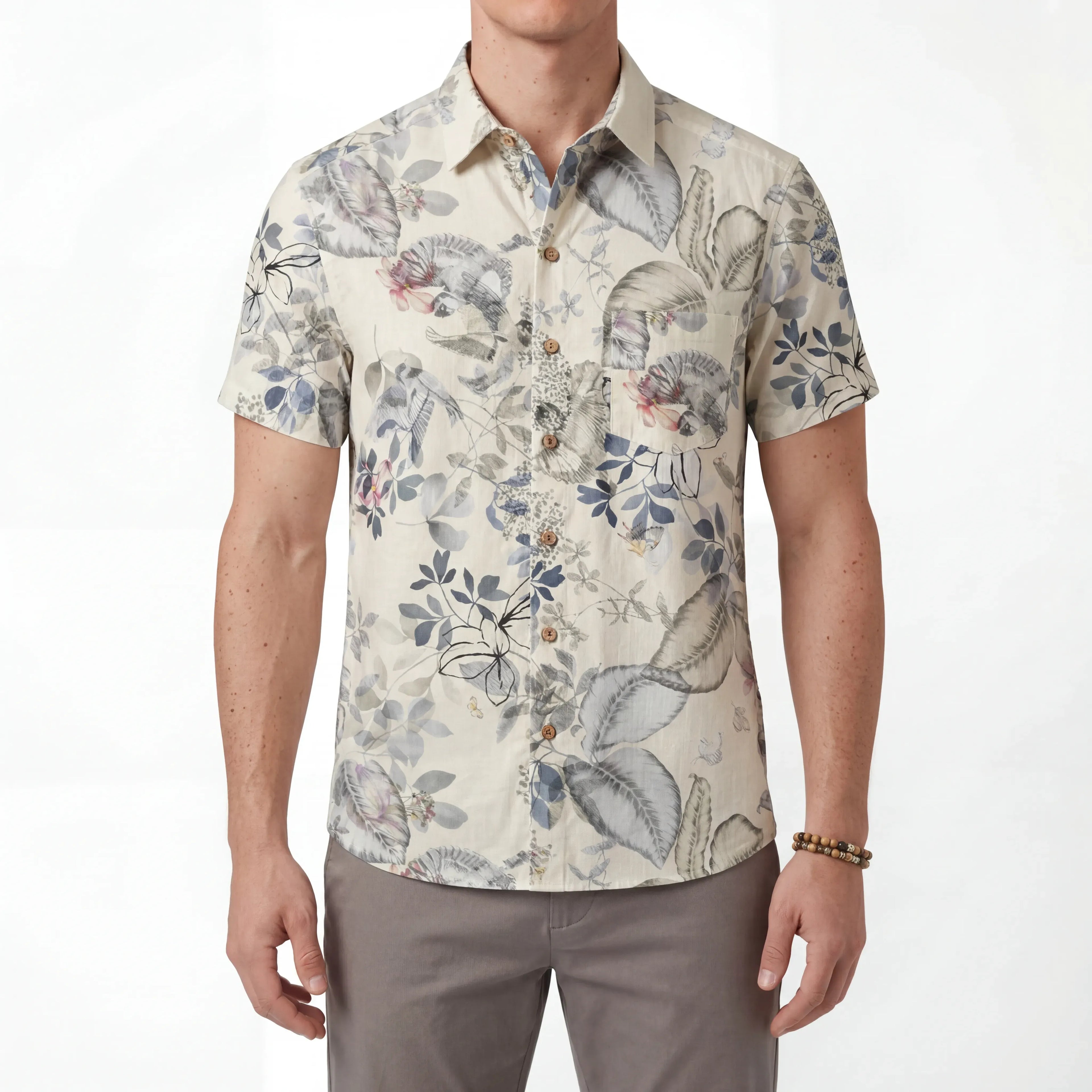 LeosWare® Men's Hawaiian Shirt Short Sleeve Button-up 100% Cotton Gray Aloha Dreamy Soft Botanicals