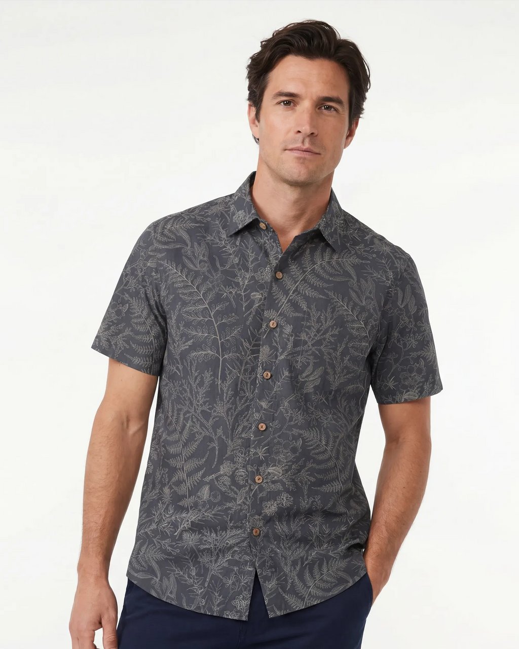 LeosWare® Men's Hawaiian Shirt Short Sleeve Button-up 100% Cotton Blue Aloha Enchanted Fern Grove Journal