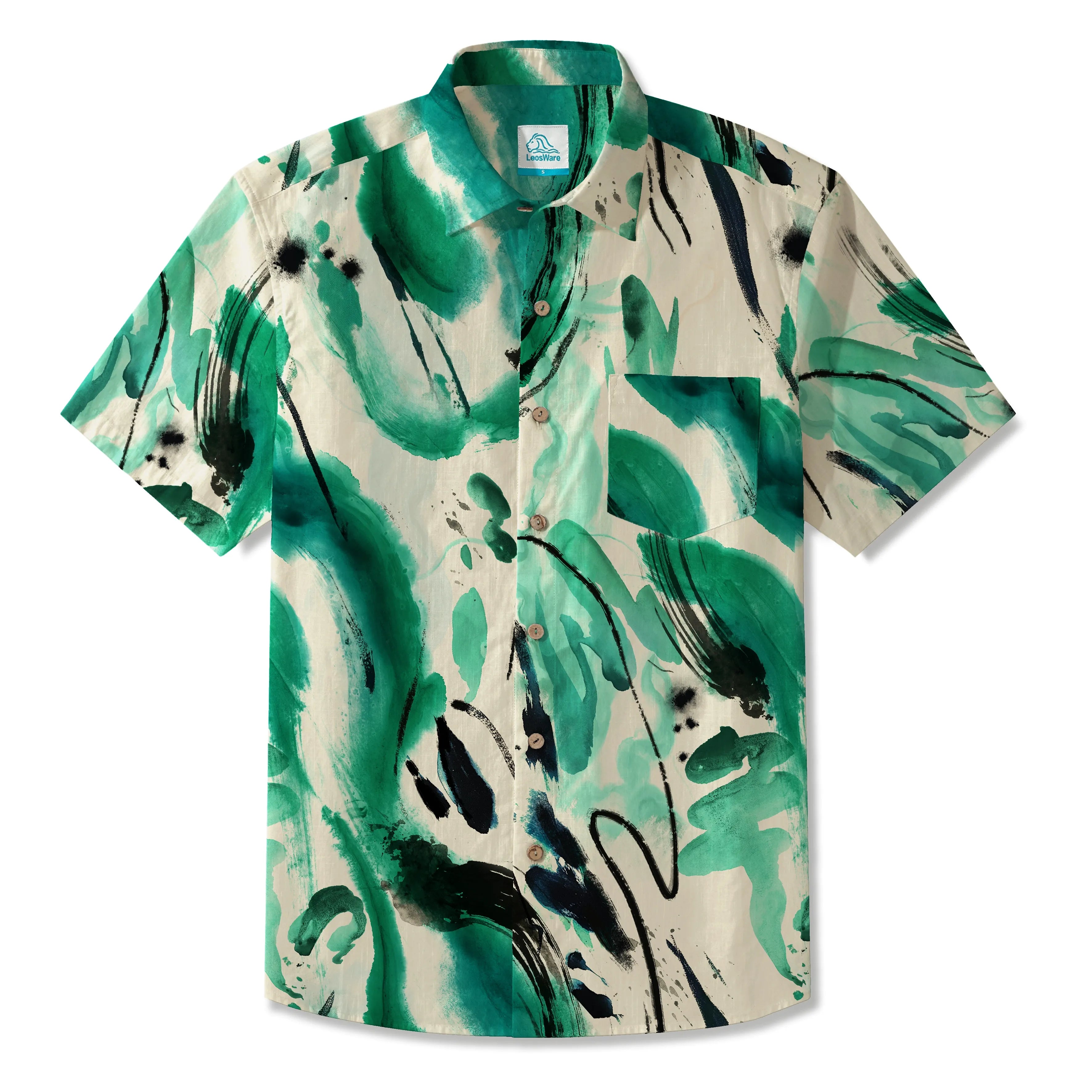 LeosWare® Men's Hawaiian Shirt Short Sleeve Button-up 100% Cotton Green Aloha Abstract Ink Flow