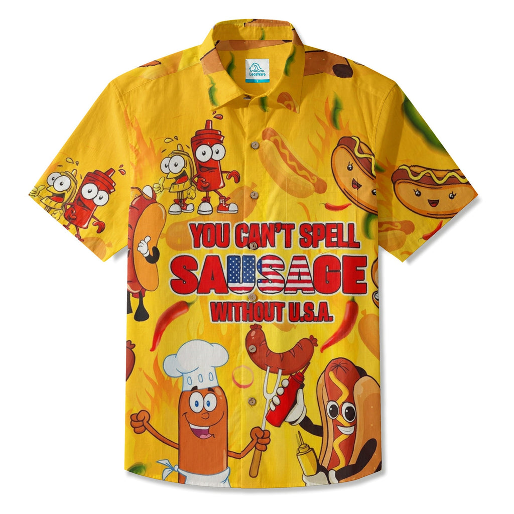LeosWare® Men's Hawaiian Shirt Short Sleeve Button-up Breathable & Quick-Dry Aloha Sausage Savvy