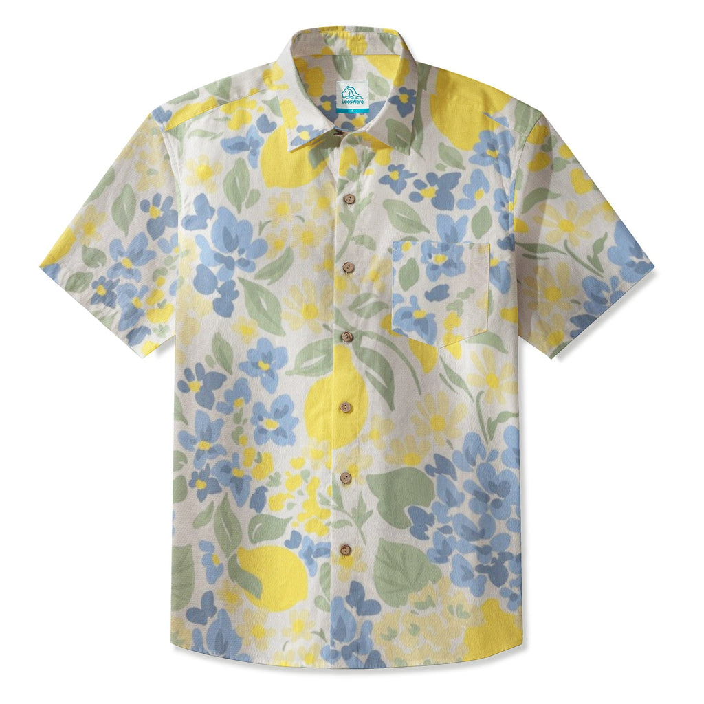 LeosWare® Men's Hawaiian Shirt Short Sleeve Button-up 95% Polyester, 5% Spandex Aloha Zesty Lemonveil
