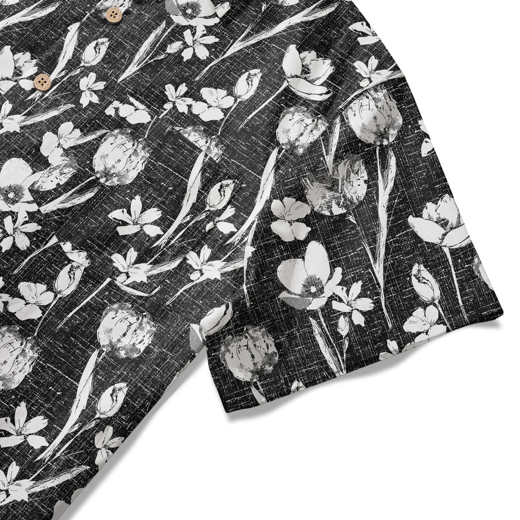 LeosWare® Flower Men's Hawaiian Shirt Short Sleeve Button-up 100% Cotton Black Aloha Ink Strokes And Flower Traces
