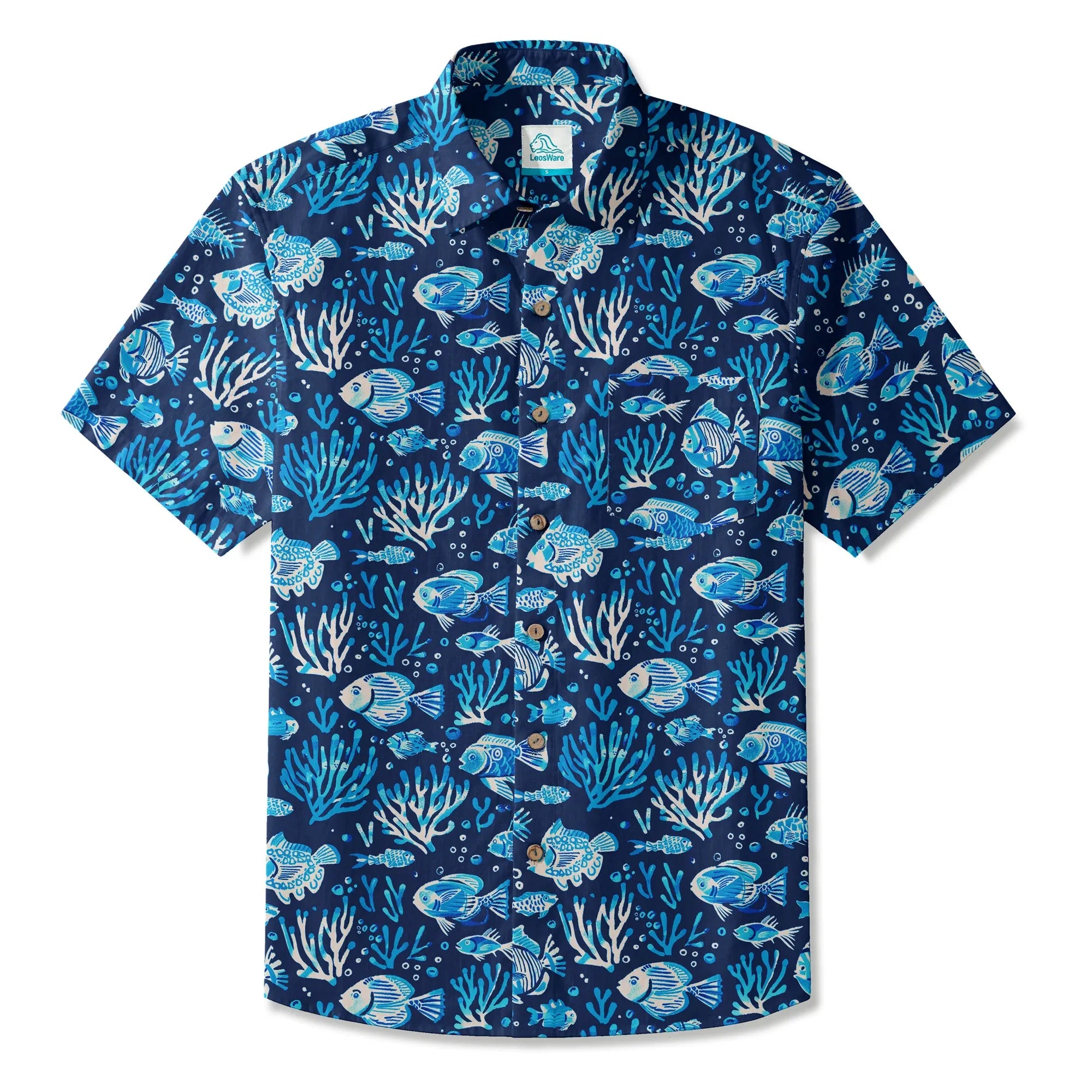 LeosWare® Men's Hawaiian Shirt Short Sleeve Button-up 100% Cotton Blue Coral Aloha Deep Blue Fish Whisper