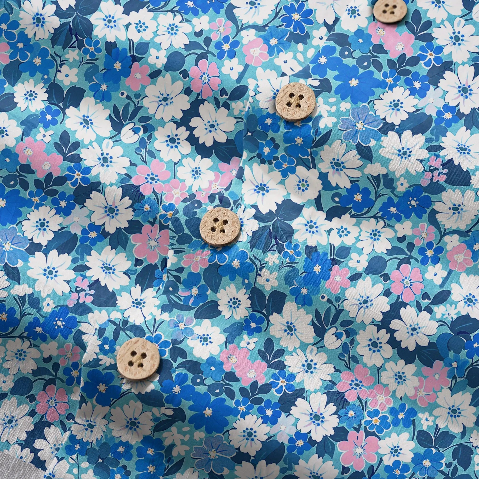 LeosWare® Flower Men's Hawaiian Shirt Short Sleeve Button-up 100% Cotton Blue Aloha Blue Sea Flower Trail