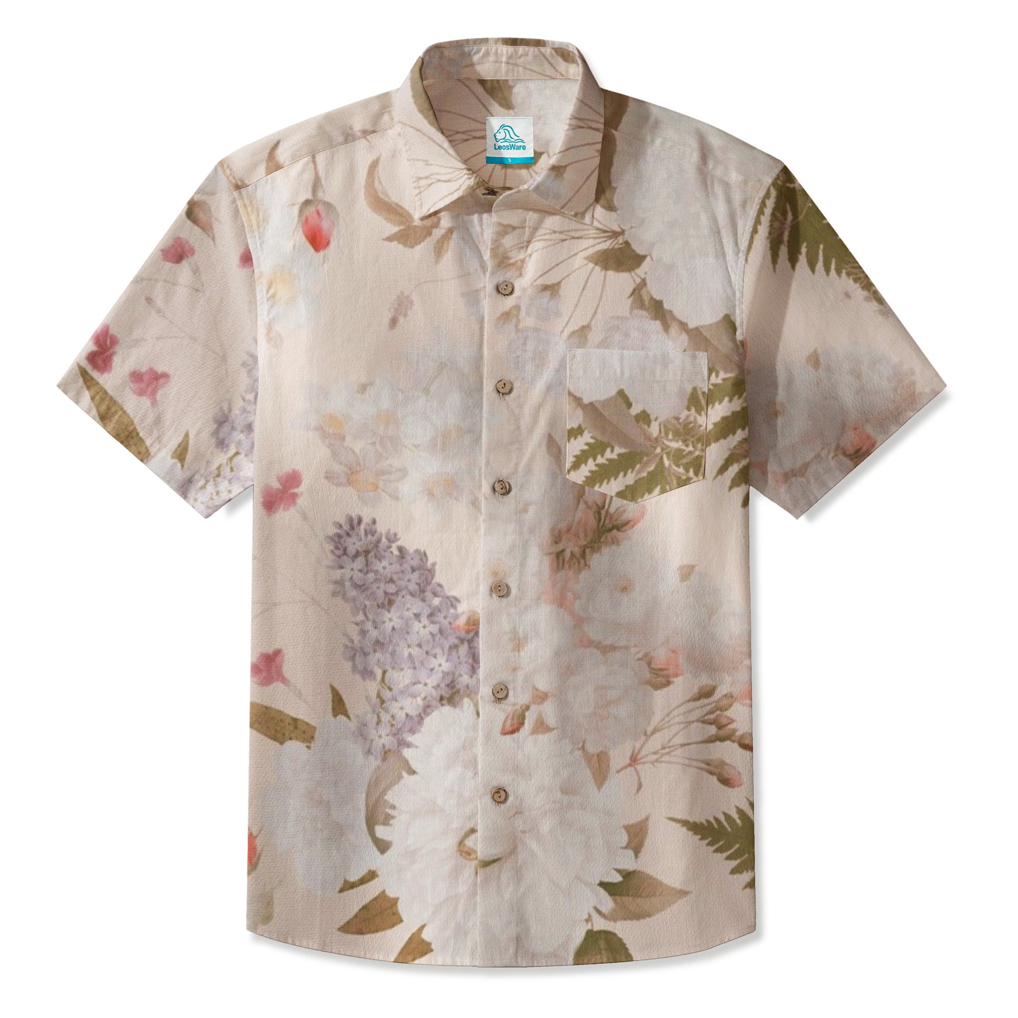 LeosWare® Men's Hawaiian Shirt Short Sleeve Button-up 95% Polyester, 5% Spandex Aloha Garden Dust
