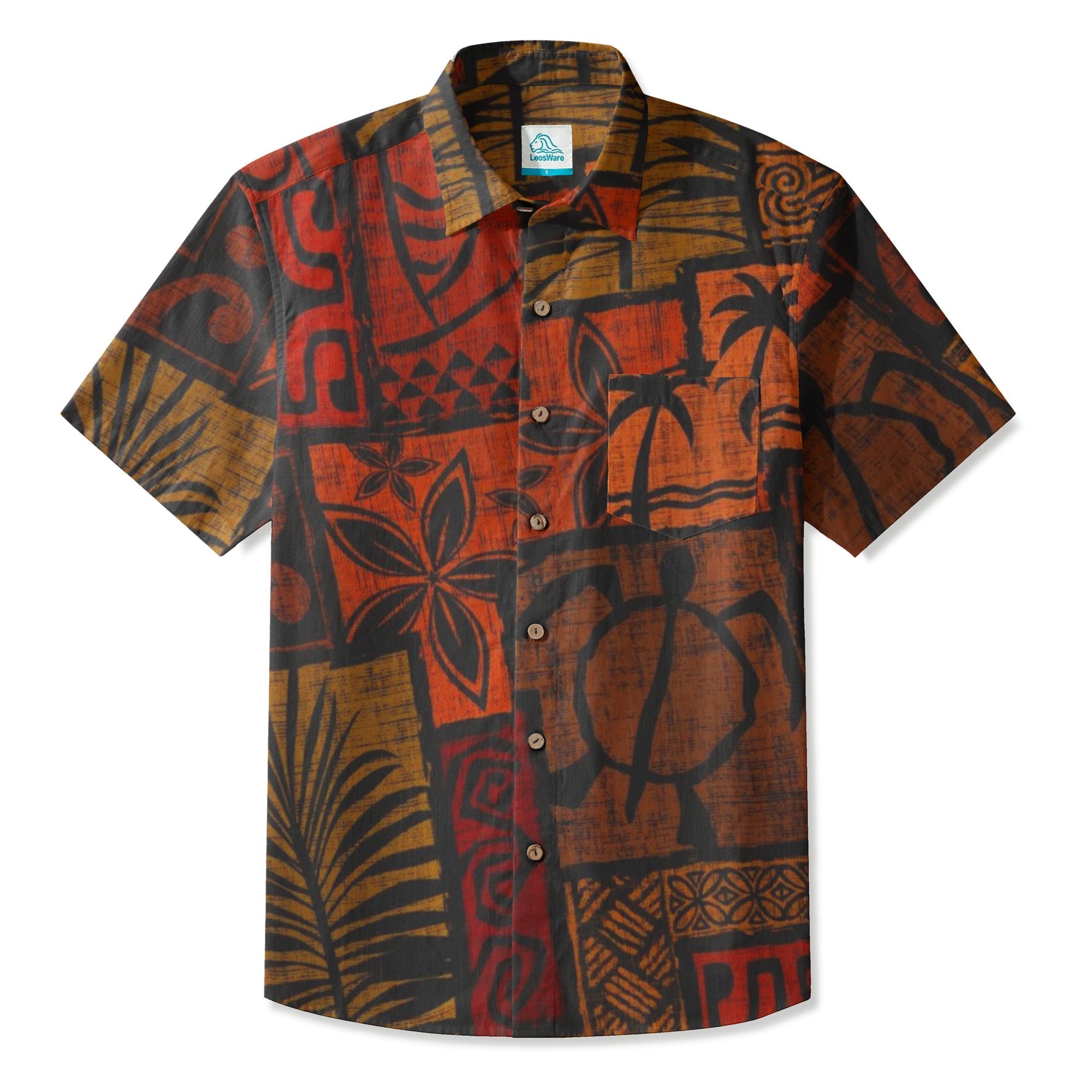 LeosWare® Men's Hawaiian Shirt Short Sleeve Button-up Breathable & Quick-Dry Aloha Tiki Mood(Burnt Orange)