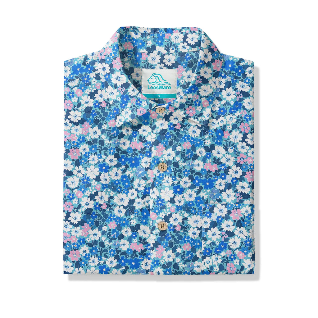 LeosWare® Flower Men's Hawaiian Shirt Short Sleeve Button-up 100% Cotton Blue Aloha Blue Sea Flower Trail