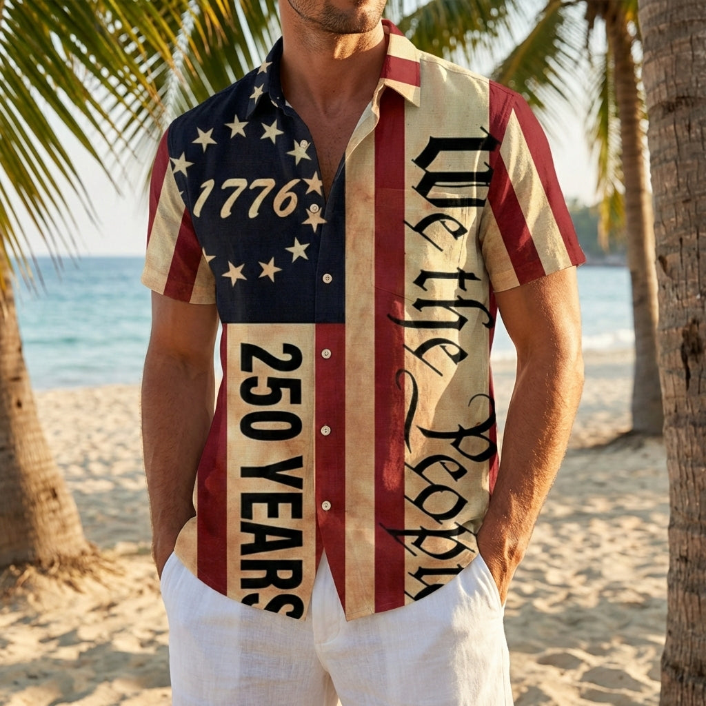LeosWare® Men's Hawaiian Shirt Short Sleeve Button-up Breathable & Quick-Dry Aloha Celebrating 250 Years