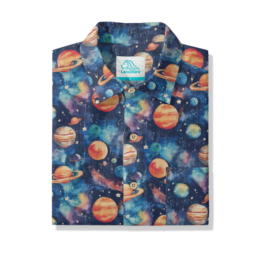 LeosWare® Men's Hawaiian Shirt Short Sleeve Button-up 100% Cotton Blue Aloha Starry Journey
