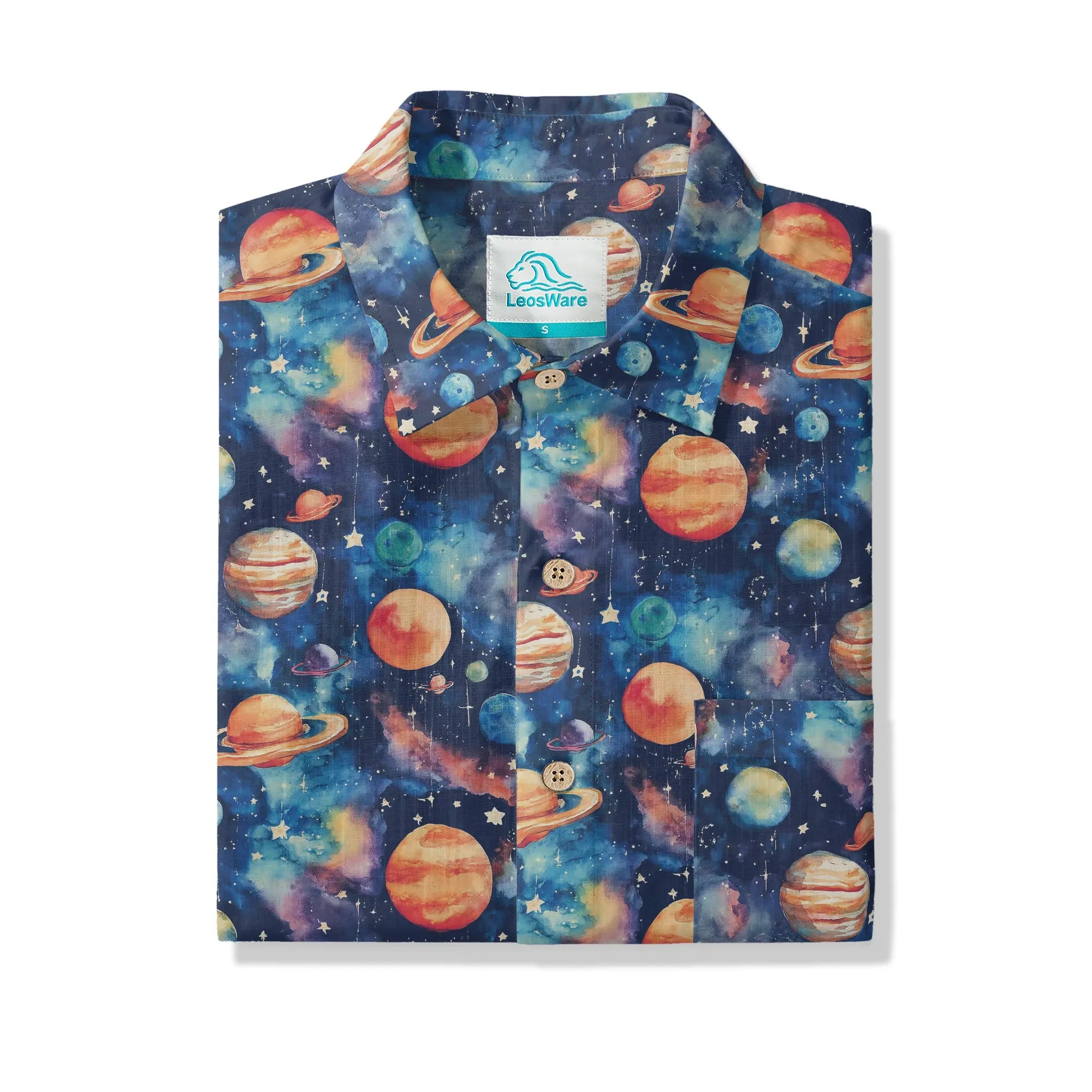 LeosWare® Men's Hawaiian Shirt Short Sleeve Button-up 100% Cotton Blue Aloha Starry Journey