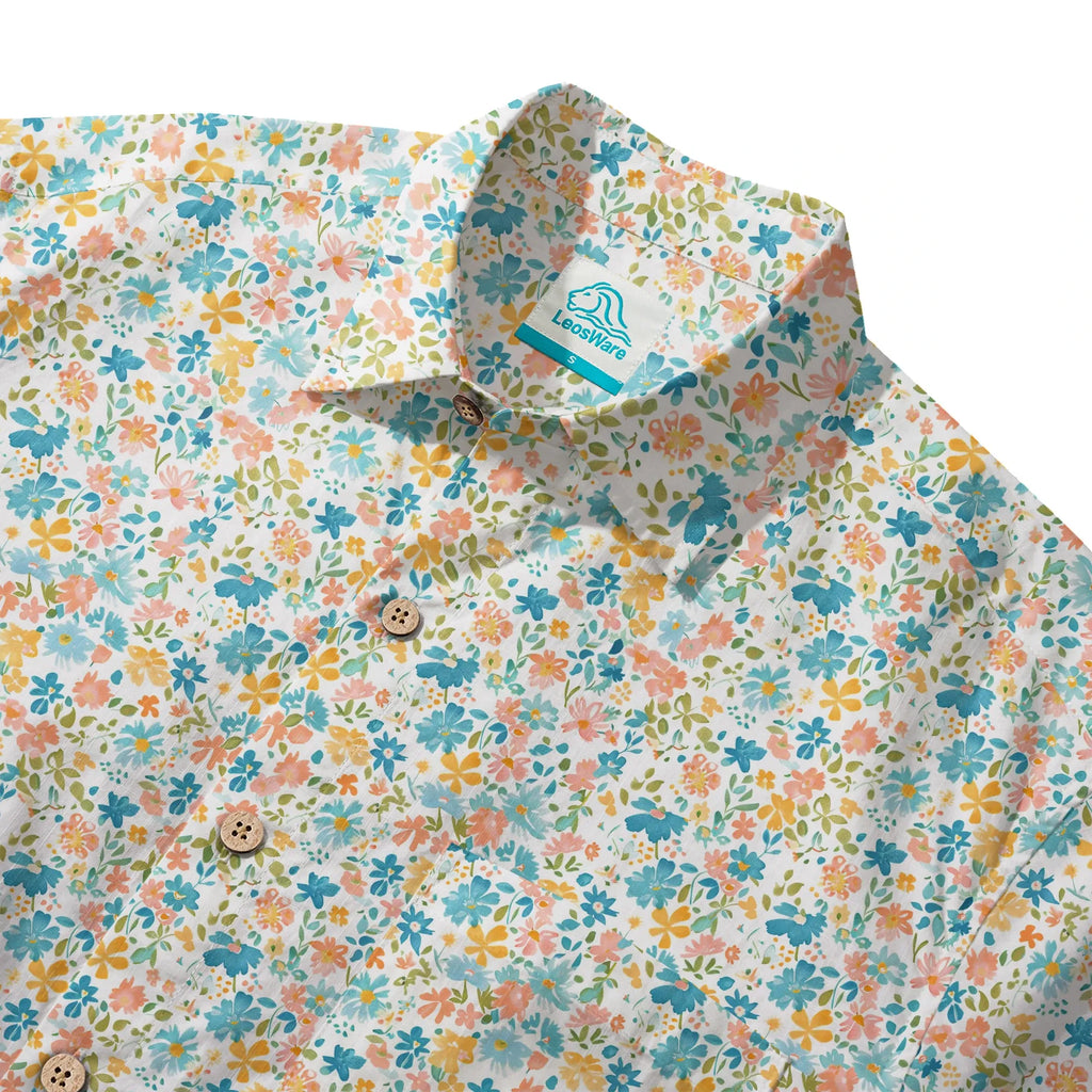 LeosWare® Flower Men's Hawaiian Shirt Short Sleeve Button-up 100% Cotton Beige Aloha Sunny Day Wildflowers