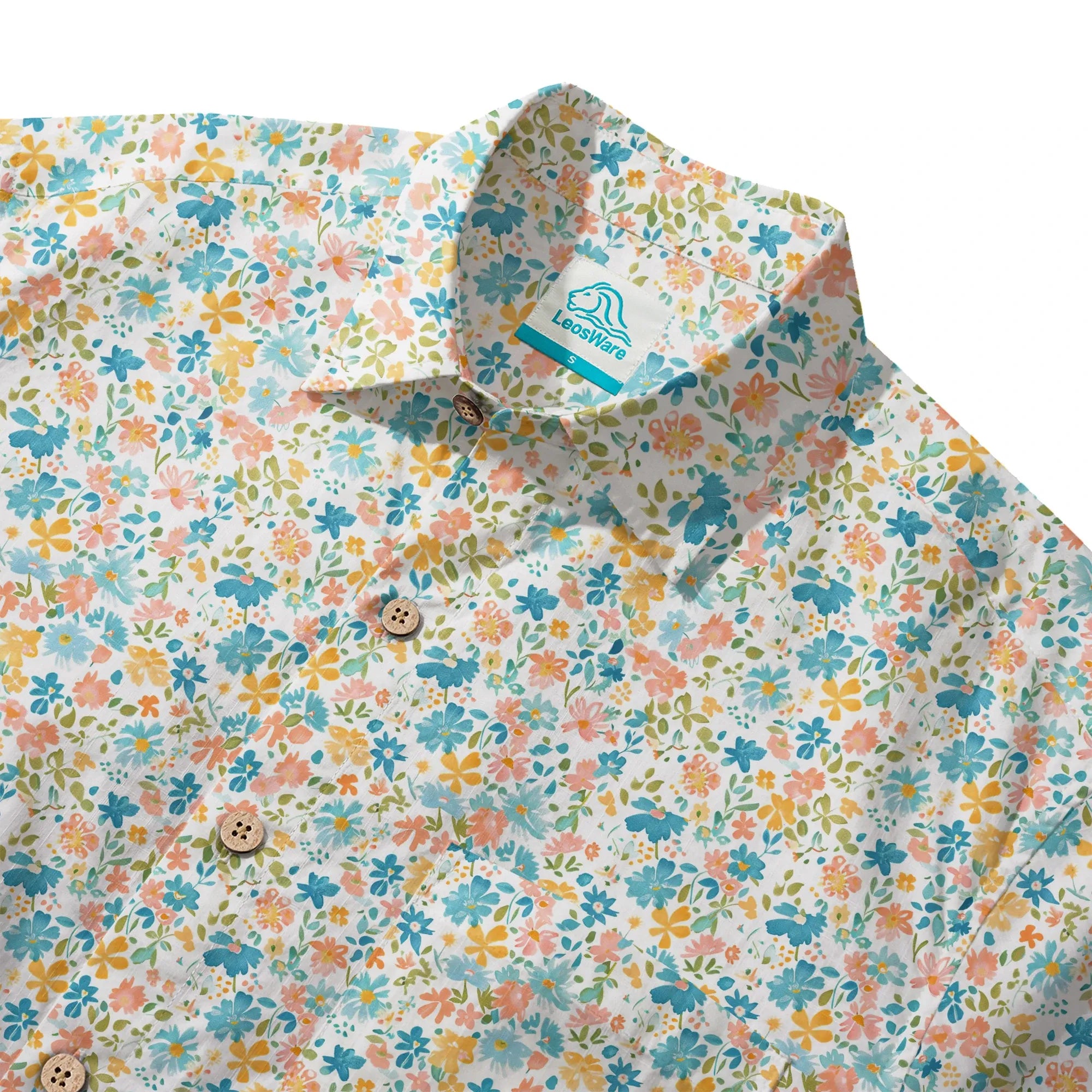LeosWare® Flower Men's Hawaiian Shirt Short Sleeve Button-up 100% Cotton Beige Aloha Sunny Day Wildflowers