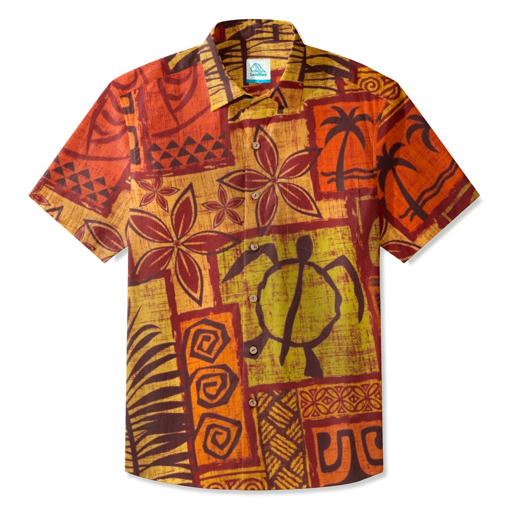 LeosWare® Men's Hawaiian Shirt Short Sleeve Button-up Breathable & Quick-Dry Aloha Tropical Tiki Mood(Sunset Orange)