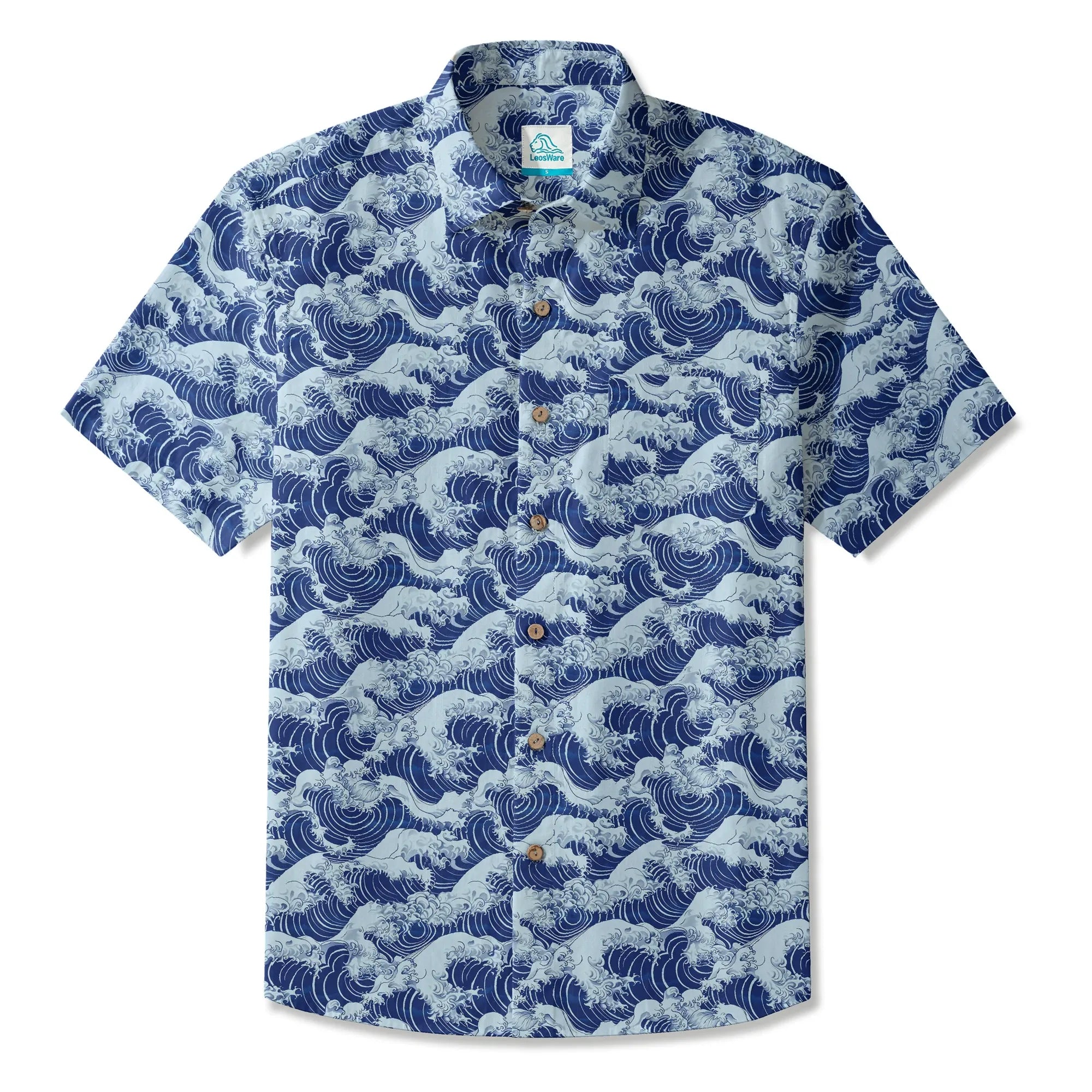 LeosWare® Men's Hawaiian Shirt Short Sleeve Button-up 100% Cotton Blue Aloha Blue Wave World