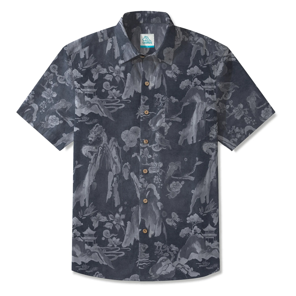 LeosWare® Men's Hawaiian Shirt Short Sleeve Button-up 100% Cotton Gray Aloha Eastern Mountain Ranges And Dragons