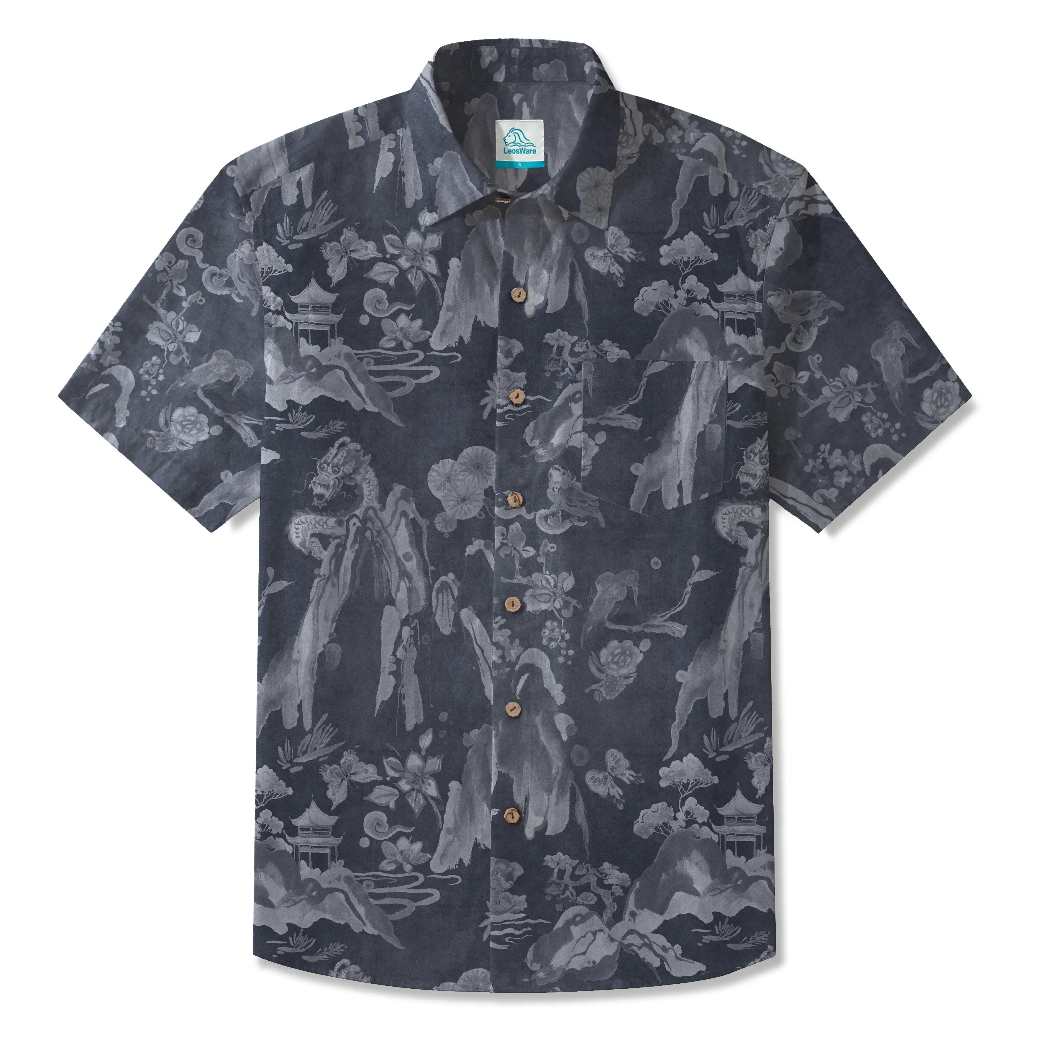 LeosWare® Men's Hawaiian Shirt Short Sleeve Button-up 100% Cotton Gray Aloha Eastern Mountain Ranges And Dragons