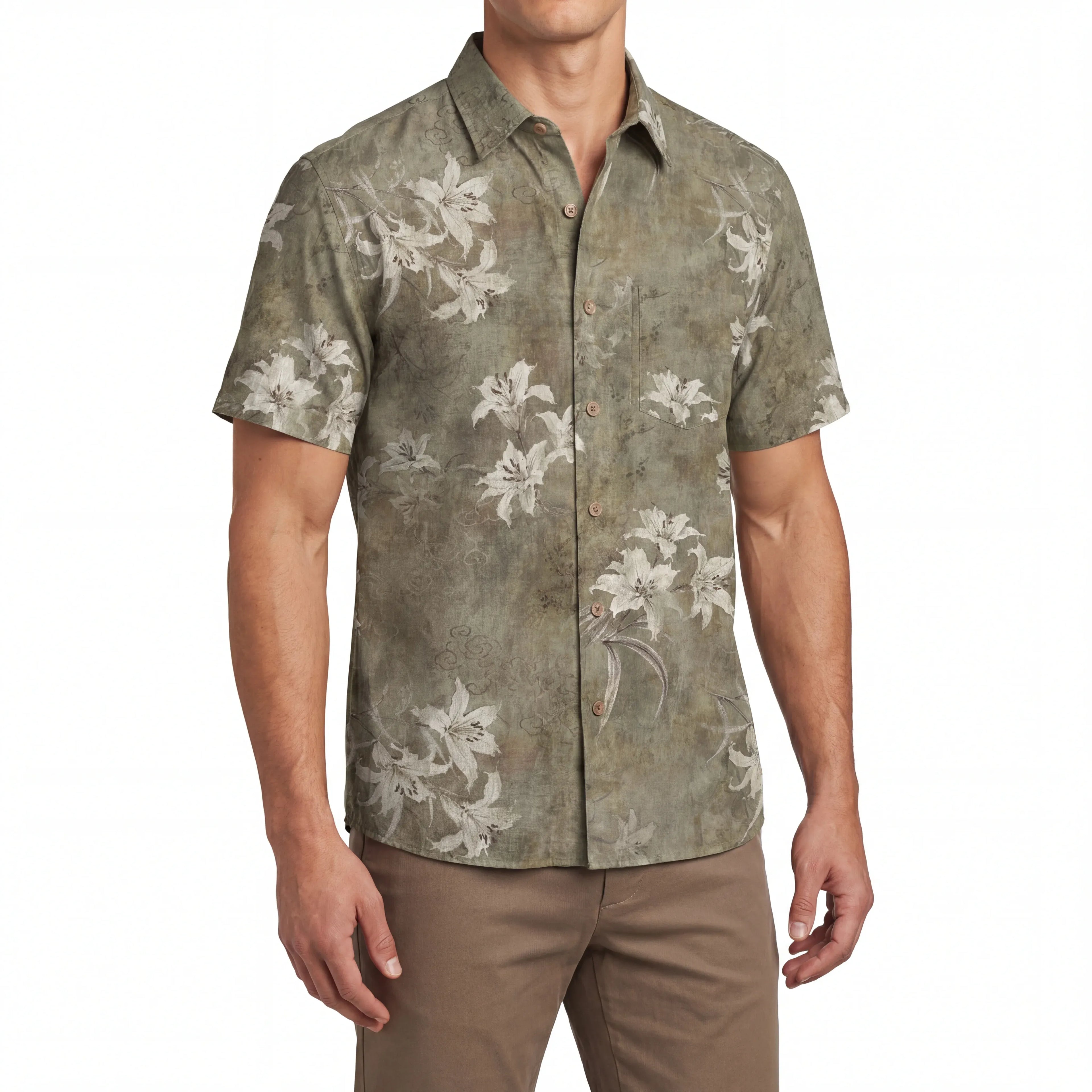 LeosWare® Men's Hawaiian Shirt Short Sleeve Button-up 100% Cotton Brown Aloha Retro Floral Silhouette