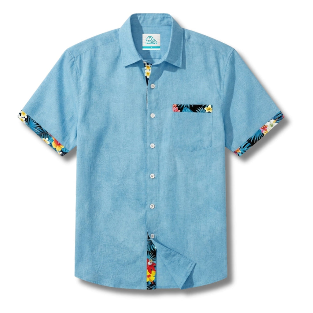 LeosWare® Men's Hawaiian Shirt Short Sleeve Button-up Breathable & Quick-Dry Aloha Floral Patchwork Solid Color