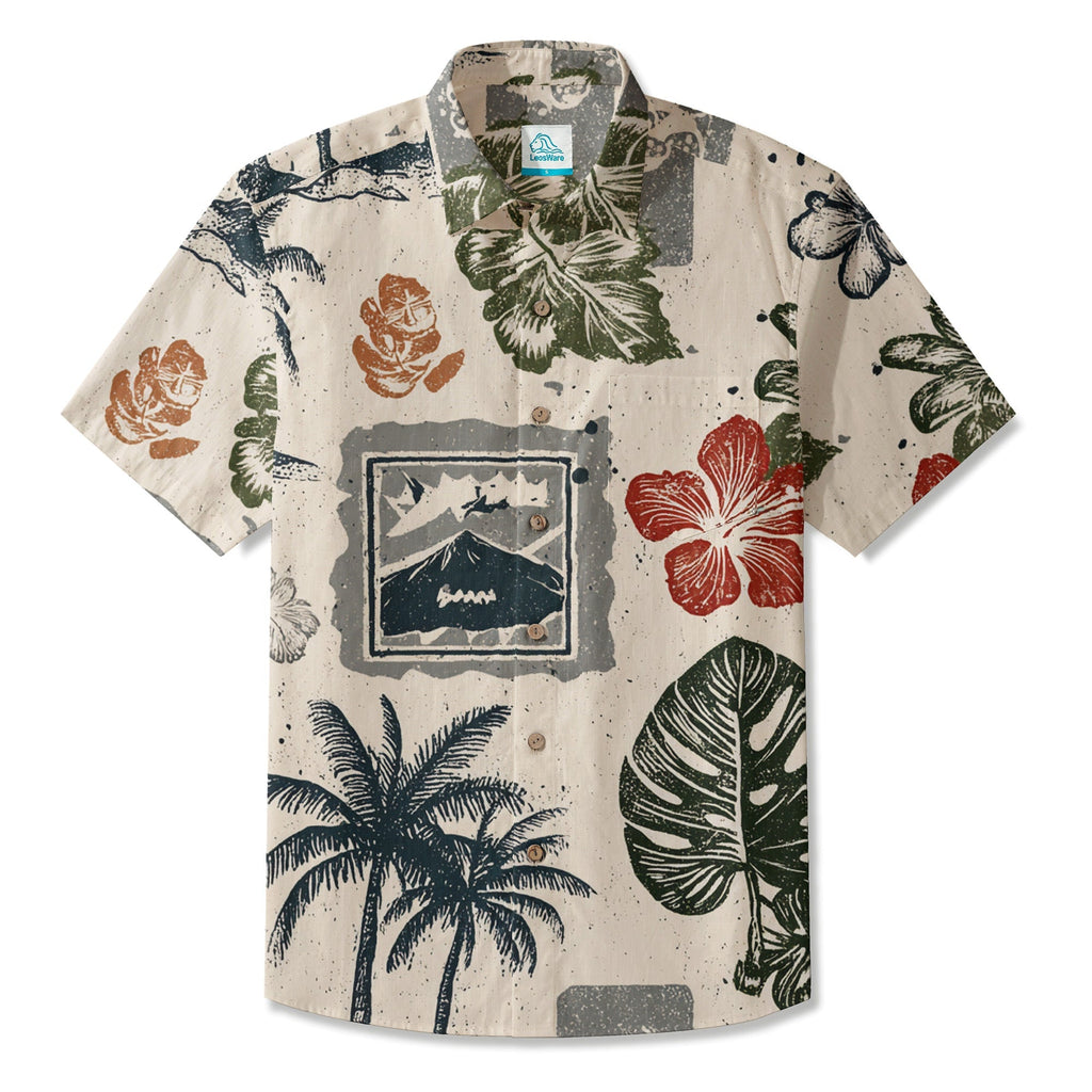 LeosWare® Men's Hawaiian Shirt Short Sleeve Button-up Breathable & Quick-Dry Aloha Island Icons
