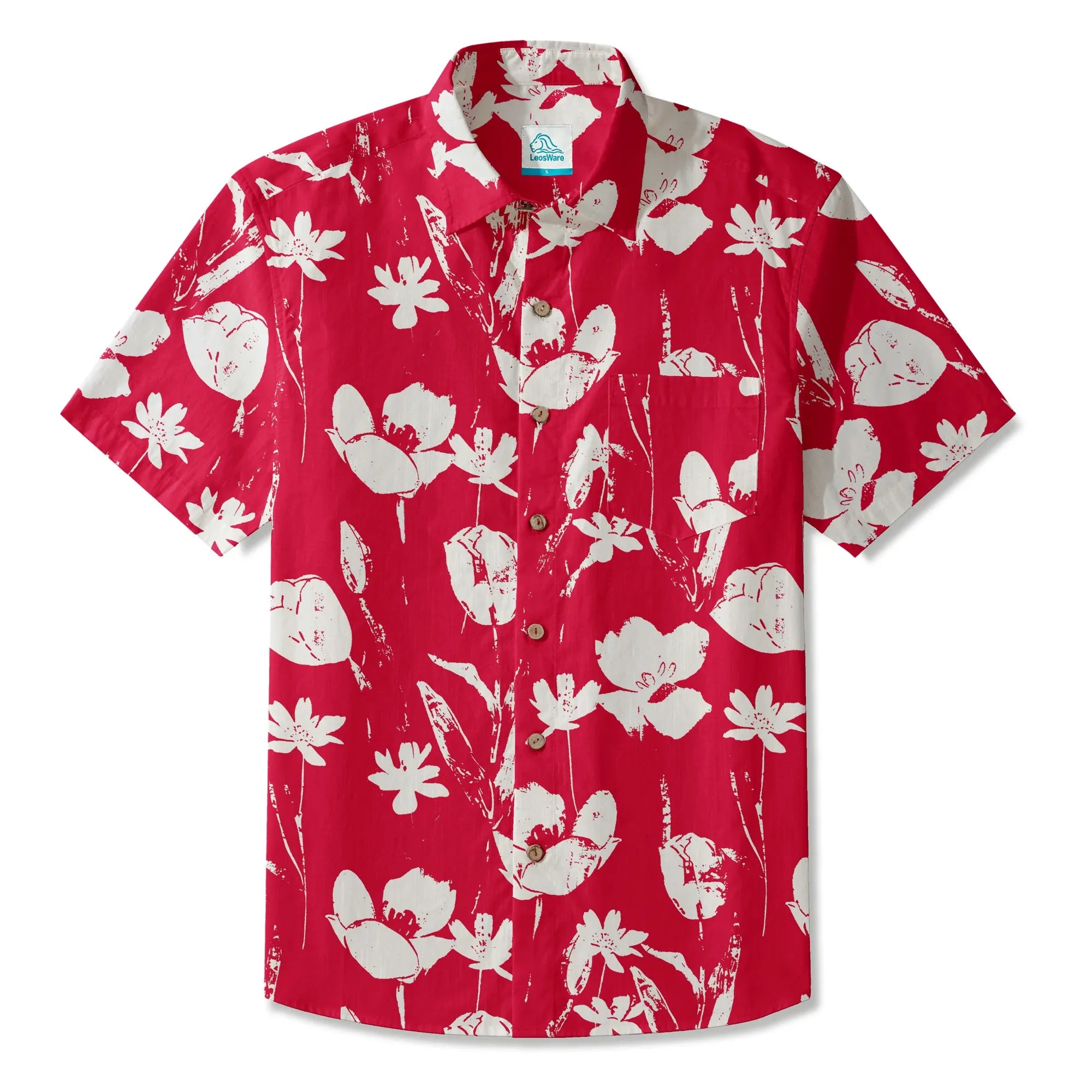 LeosWare® Flower Men's Hawaiian Shirt Short Sleeve Button-up 100% Cotton Red Aloha Red Earth Aroma
