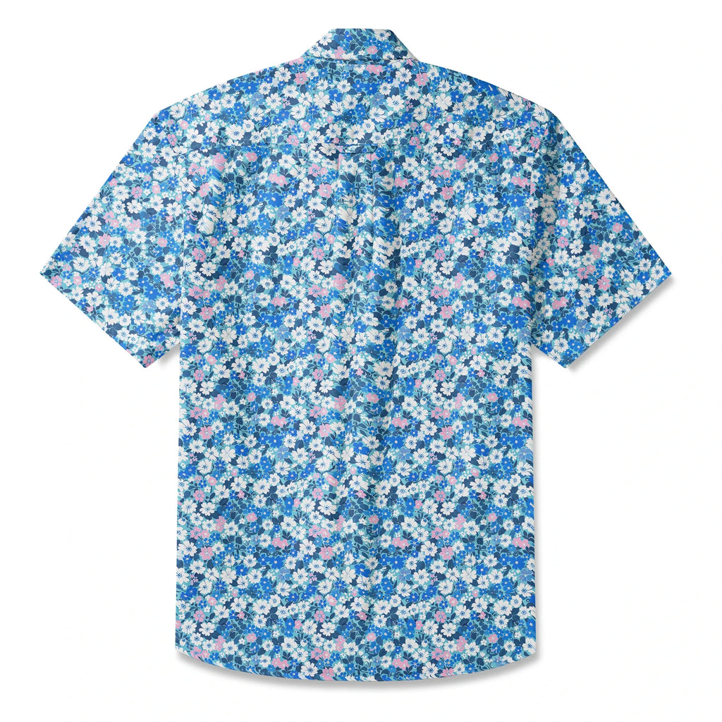 LeosWare® Flower Men's Hawaiian Shirt Short Sleeve Button-up 100% Cotton Blue Aloha Blue Sea Flower Trail