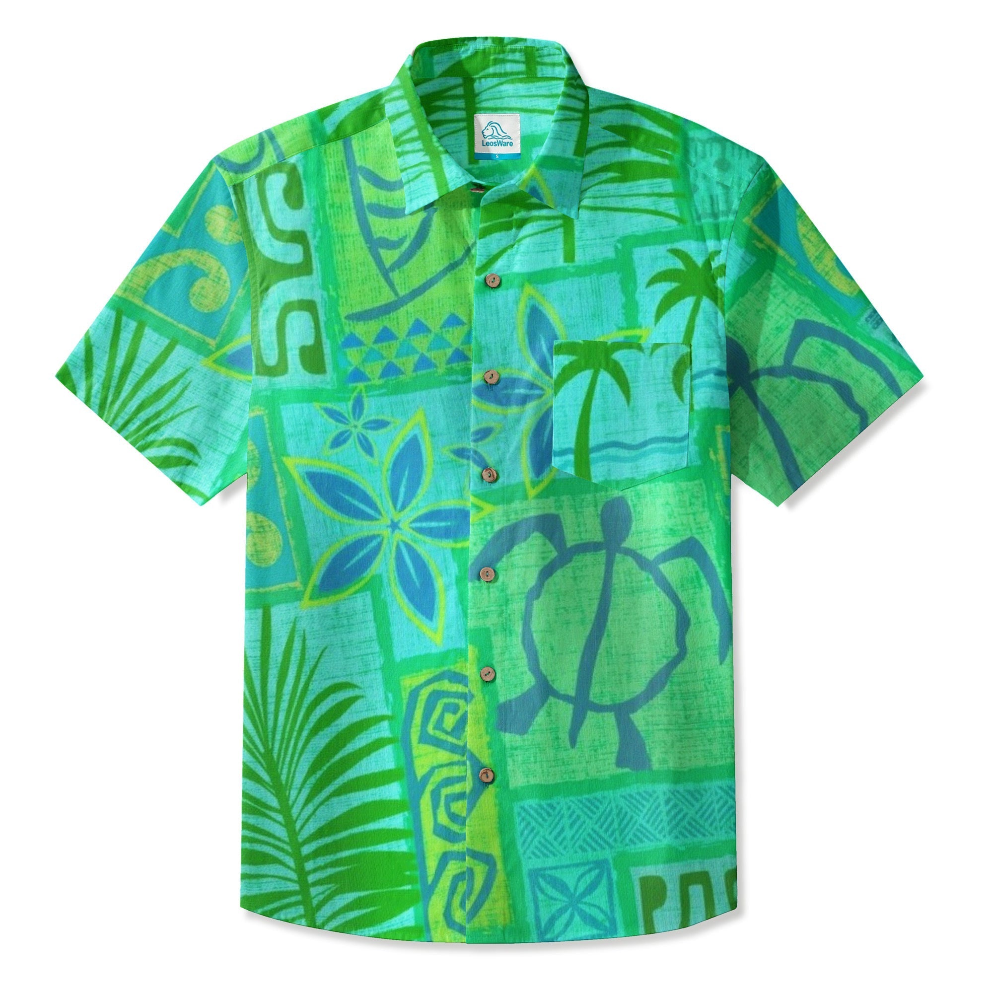 LeosWare® Men's Hawaiian Shirt Short Sleeve Button-up Breathable & Quick-Dry Aloha Tiki Mood(Aqua Green)
