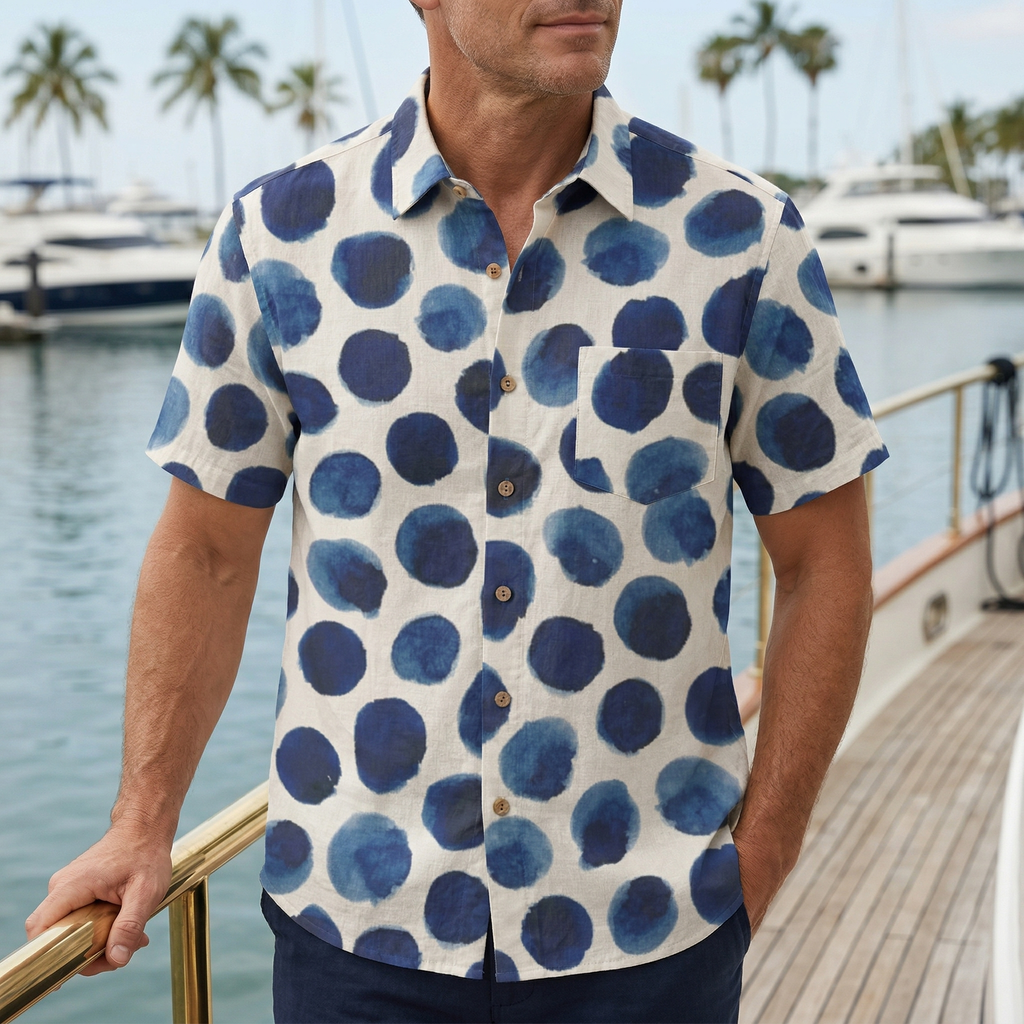 LeosWare® Men's Hawaiian Shirt Short Sleeve Button-up 95% Polyester, 5% Spandex Aloha Ink Dots