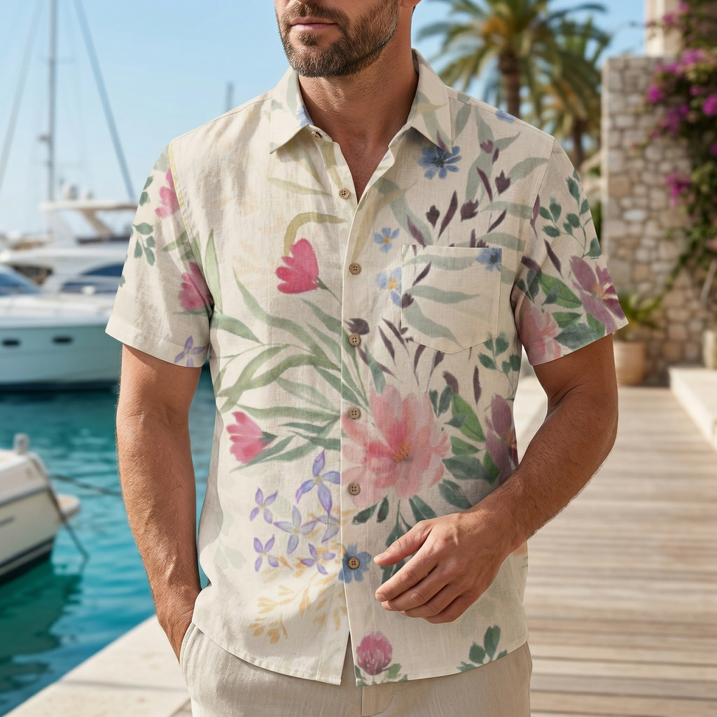 LeosWare® Men's Hawaiian Shirt Short Sleeve Button-up 95% Polyester, 5% Spandex Aloha Nature's Melodies